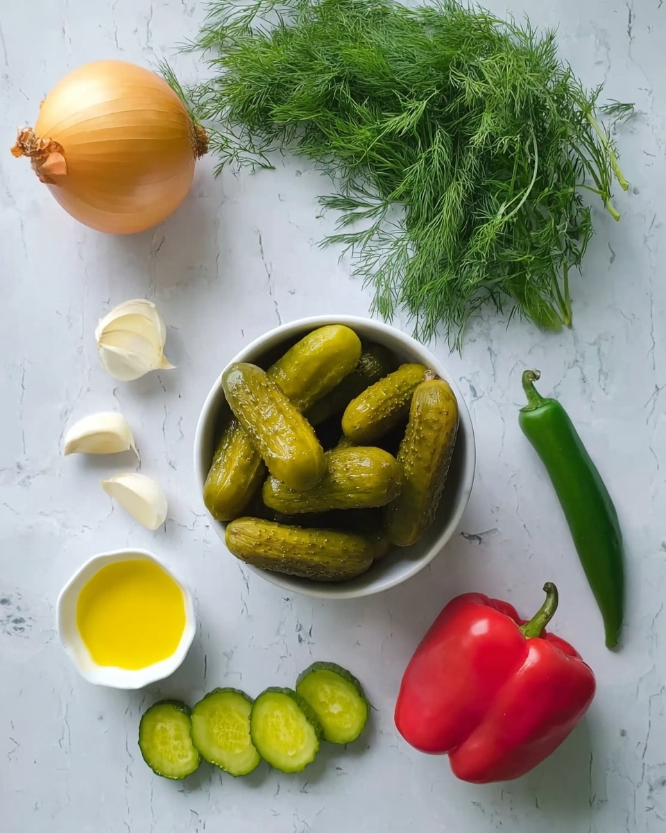 The image shows a white bowl full of whole green pickles in the center, surrounded by various fresh ingredients on a white marbled surface. Above the bowl is a bunch of fresh green dill, to the right of the dill is a whole red bell pepper, and below the pepper are two peeled garlic cloves. To the far left of the bowl, there is a whole yellow onion, and below that, several sliced green pickles arranged neatly. Near the bottom left of the image is a small white dish with yellow oil inside, and to its right is a whole green chili pepper. The colors are bright and fresh with a mix of green, red, yellow, and white elements. photo taken with an iphone --ar 4:5 --v 7