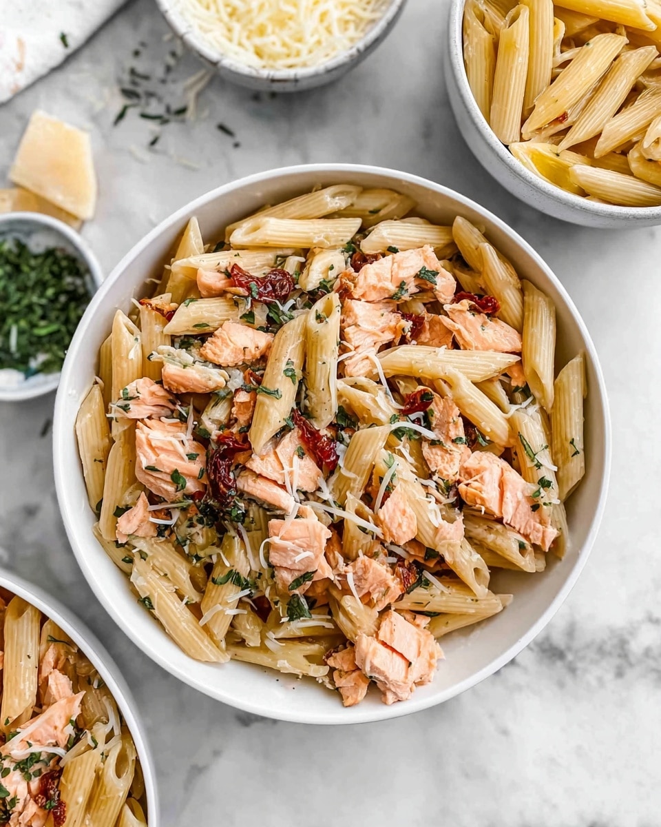 The image shows a white bowl filled with penne pasta as the base layer, light brown in color and smooth textured. On top of the pasta are pieces of pink cooked salmon scattered evenly across the bowl, adding a slight flaky texture. There are small bits of dark green fresh herbs sprinkled over the salmon and pasta, along with dried red tomato pieces that provide pops of deep red color. The dish is lightly topped with finely shredded white cheese scattered on the surface. The bowl sits on a white marbled surface, with a small white bowl of shredded cheese nearby and another bowl of pasta partially visible in the background. photo taken with an iphone --ar 4:5 --v 7