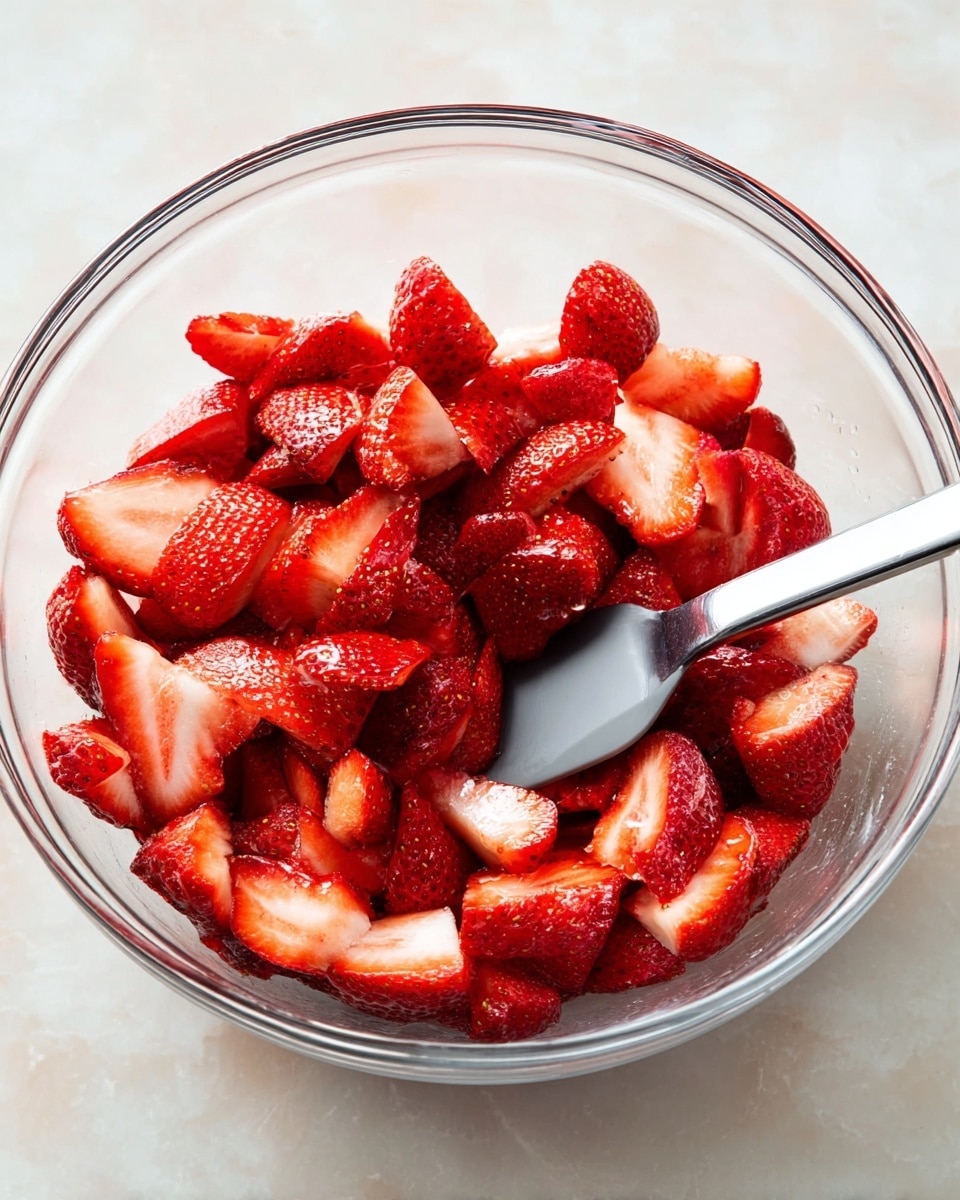 A clear glass bowl filled with bright red strawberry halves and quarters, showing the juicy, fresh texture and varying shades of red and white inside the fruit; a gray spatula with a shiny metal handle is placed inside the bowl, slightly pushing the strawberries to one side; the bowl sits on a white marbled surface, creating a clean and fresh look. photo taken with an iphone --ar 4:5 --v 7