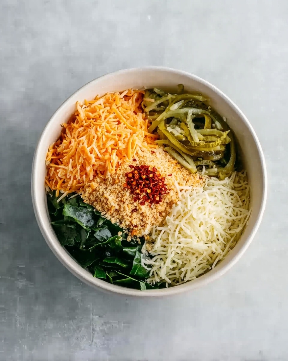 A white bowl is placed on a white marbled surface, filled with five distinct layers of shredded and chopped ingredients, all arranged side by side. Starting from the left, there is a pile of shredded orange cheese, next to it a portion of pickles that are sliced lengthwise with a light green color, in the middle there is a small heap of finely ground beige crumbs, and to the right of that is a layer of thinly shredded white cheese. At the bottom of the bowl, fresh dark green leafy vegetables fill the space below the other ingredients. On top of the crumbs, there is a small sprinkle of red chili flakes for contrast. Photo taken with an iphone --ar 4:5 --v 7