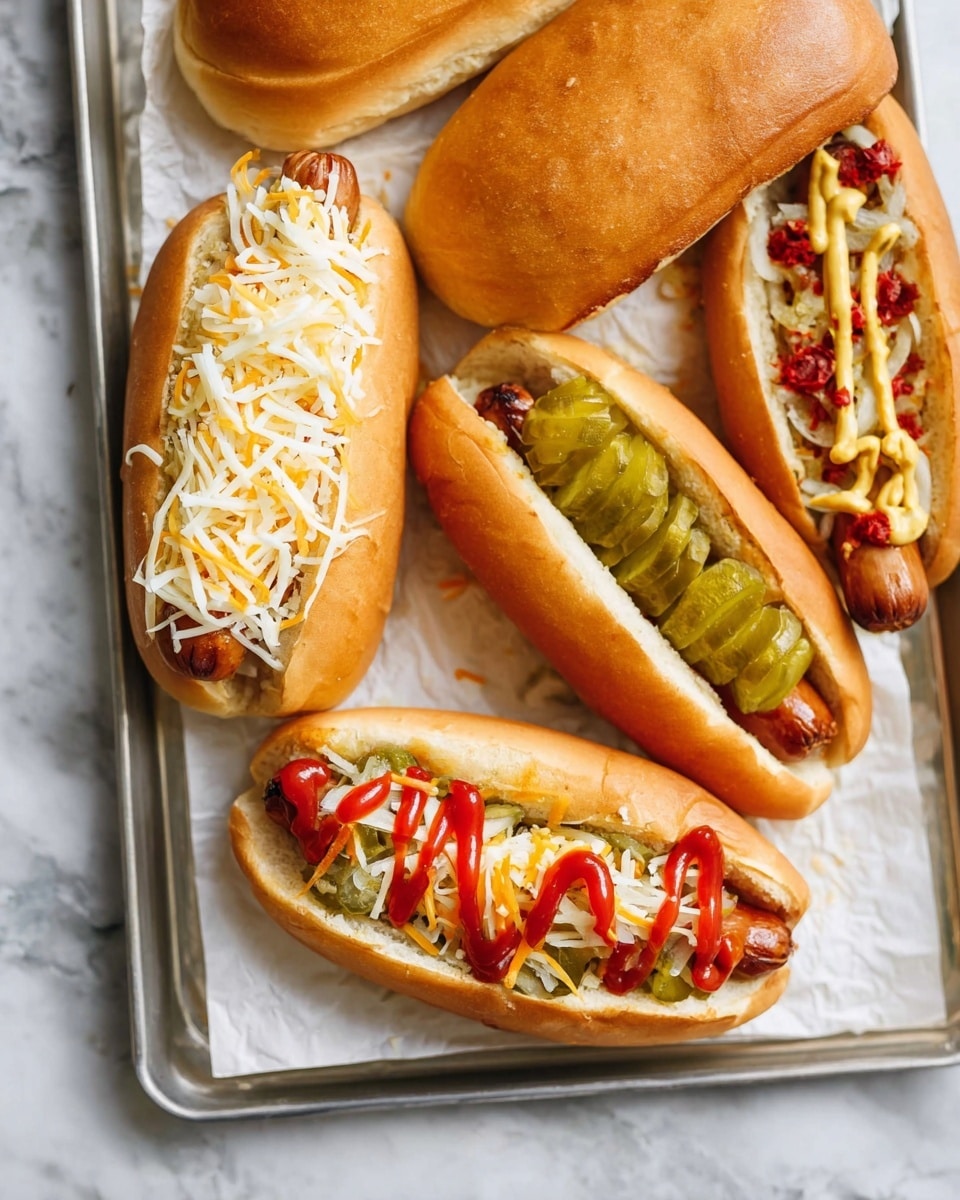 This image shows a metal tray lined with white parchment paper holding four hot dogs in soft, golden brown buns. One hot dog at the bottom center has finely chopped green pickles and shredded yellow and white cheese with a drizzle of bright red ketchup on top. To its right, another hot dog has green pickle pieces stacked over the sausage with zigzags of light beige mustard and red ketchup. The hot dog on the left is covered with a thick layer of shredded yellow and white cheese. At the top of the tray, there are two plain golden brown buns without toppings. The background is a white marbled surface. photo taken with an iphone --ar 4:5 --v 7