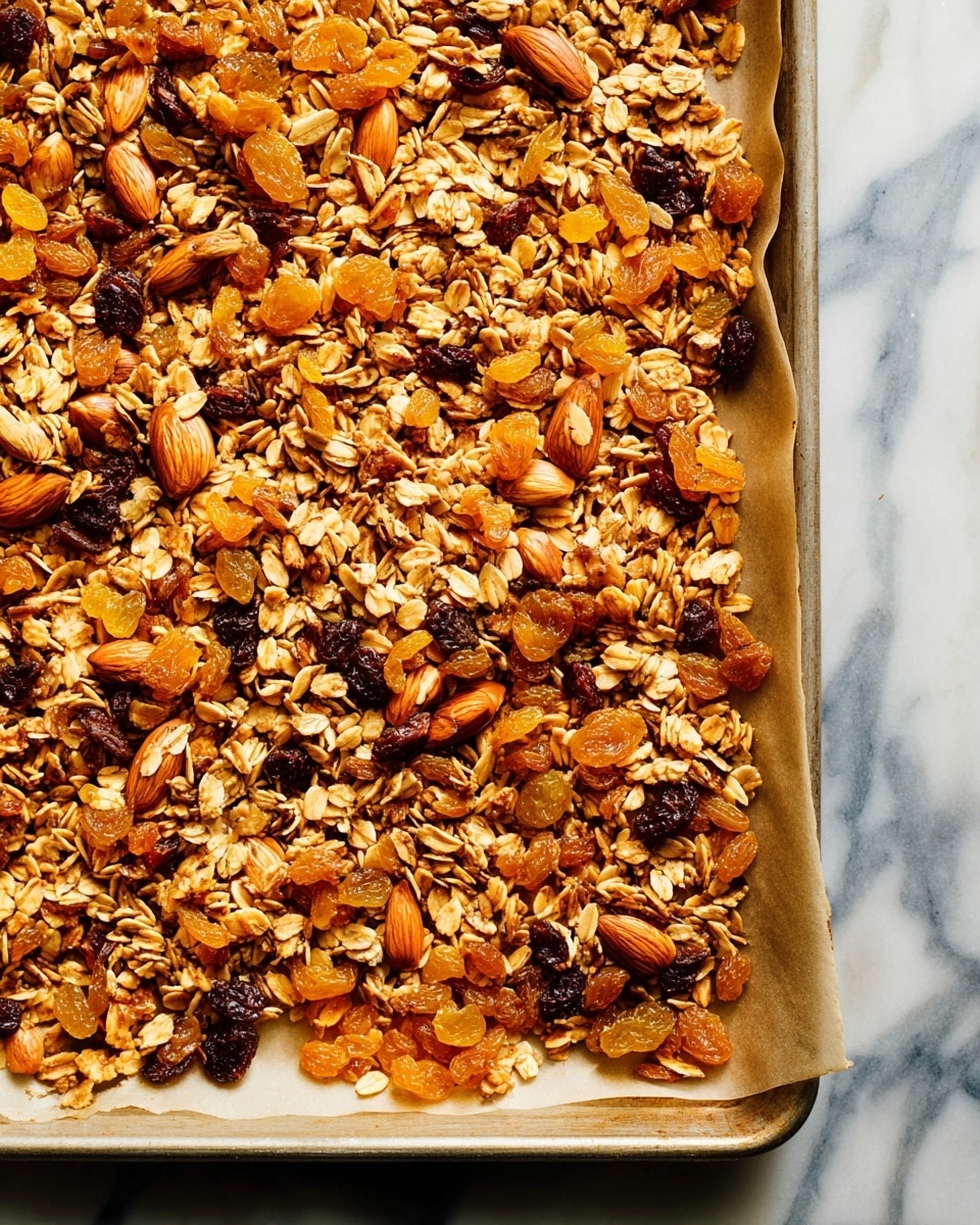 A baking tray filled with a single layer of granola that has a mix of golden rolled oats, whole almonds, and light to dark golden raisins spread evenly across the tray, showing a crunchy and textured surface. The tray is lined with parchment paper and sits on a white marbled surface. The colors range from the soft beige of the oats, the warm brown of the almonds, to the shiny orange and brown of the raisins. photo taken with an iphone --ar 4:5 --v 7