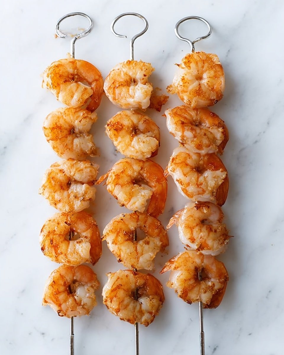 This image shows three metal skewers arranged vertically on a white marbled surface. Each skewer holds six to seven cooked shrimp, which are orange with hints of white and light grey, showing a slightly shiny and moist texture. The shrimp are stacked closely along the skewers, slightly curled and evenly spaced from top to bottom. The skewers have circular loop handles at the top made of metal, adding a simple visual contrast. The overall look is clean and neat, with the shrimp standing out against the light background photo taken with an iphone --ar 4:5 --v 7