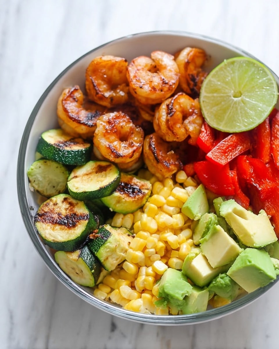 A white bowl contains five layers of food arranged side by side: at the top left, a group of cooked shrimp with a light brown grilled look; below it to the left, grilled green zucchini pieces with dark grill marks; next to zucchini, bright red roasted bell pepper pieces with charred spots; at the top right, yellow cooked corn kernels; and at the center right, chunks of light green avocado. A lime half with some pulp is placed on top of the corn. The bowl sits on a white marbled surface. Photo taken with an iphone --ar 4:5 --v 7