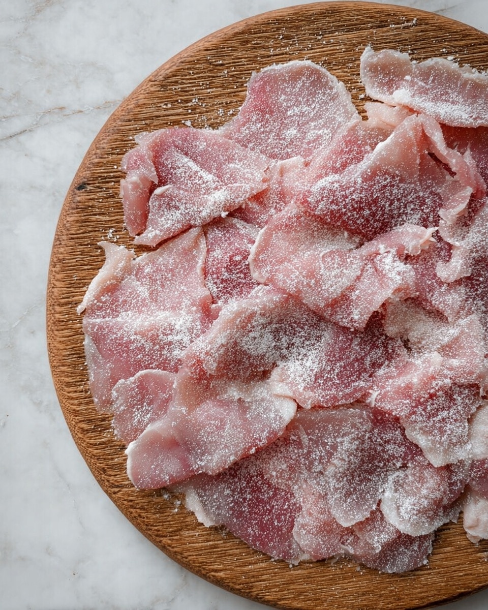 A wooden round board holds many thin pieces of raw pink meat spread out unevenly, covered in a light dusting of white powder, showing soft and slightly moist textures with some marbling. The background features a white marbled texture that contrasts with the wood and meat. photo taken with an iphone --ar 4:5 --v 7