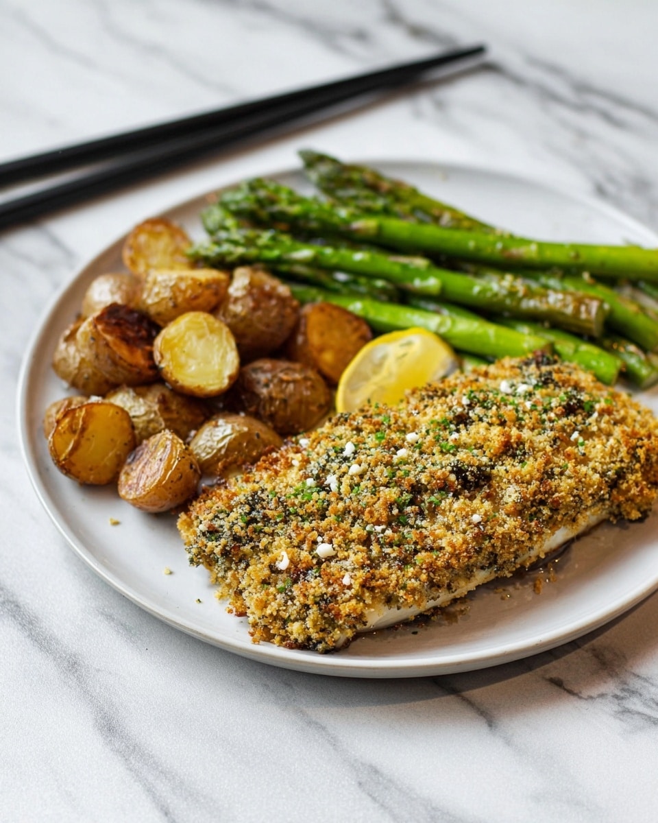 The dish shows a white plate with three main layers: at the bottom are small golden-brown roasted potatoes with a slightly crispy texture, placed next to bright green grilled asparagus spears with a bit of char. On top of these vegetables, close to the front, is a thick fillet covered in a golden, crumbly herb and breadcrumb crust sprinkled with small white salt flakes. A small wedge of yellow lemon peeks out from under the fish near the potatoes. The plate rests on a white marbled surface with black chopsticks lying diagonally in the background. Photo taken with an iphone --ar 4:5 --v 7