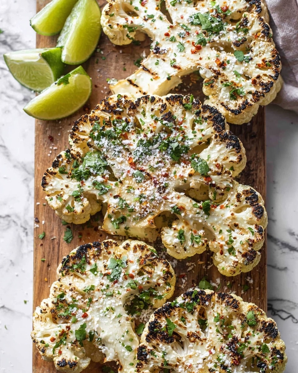 Several grilled cauliflower steaks are arranged on a wooden board. Each cauliflower piece shows a white, slightly charred surface with dark grill marks and is sprinkled with chopped green herbs and coarse white salt. There are some reddish-brown seasoning spots scattered on the cauliflower, adding color contrast. On the top left of the board, there are three lime wedges with bright green skin and light green juicy flesh. The background is a white marbled texture. Photo taken with an iphone --ar 4:5 --v 7