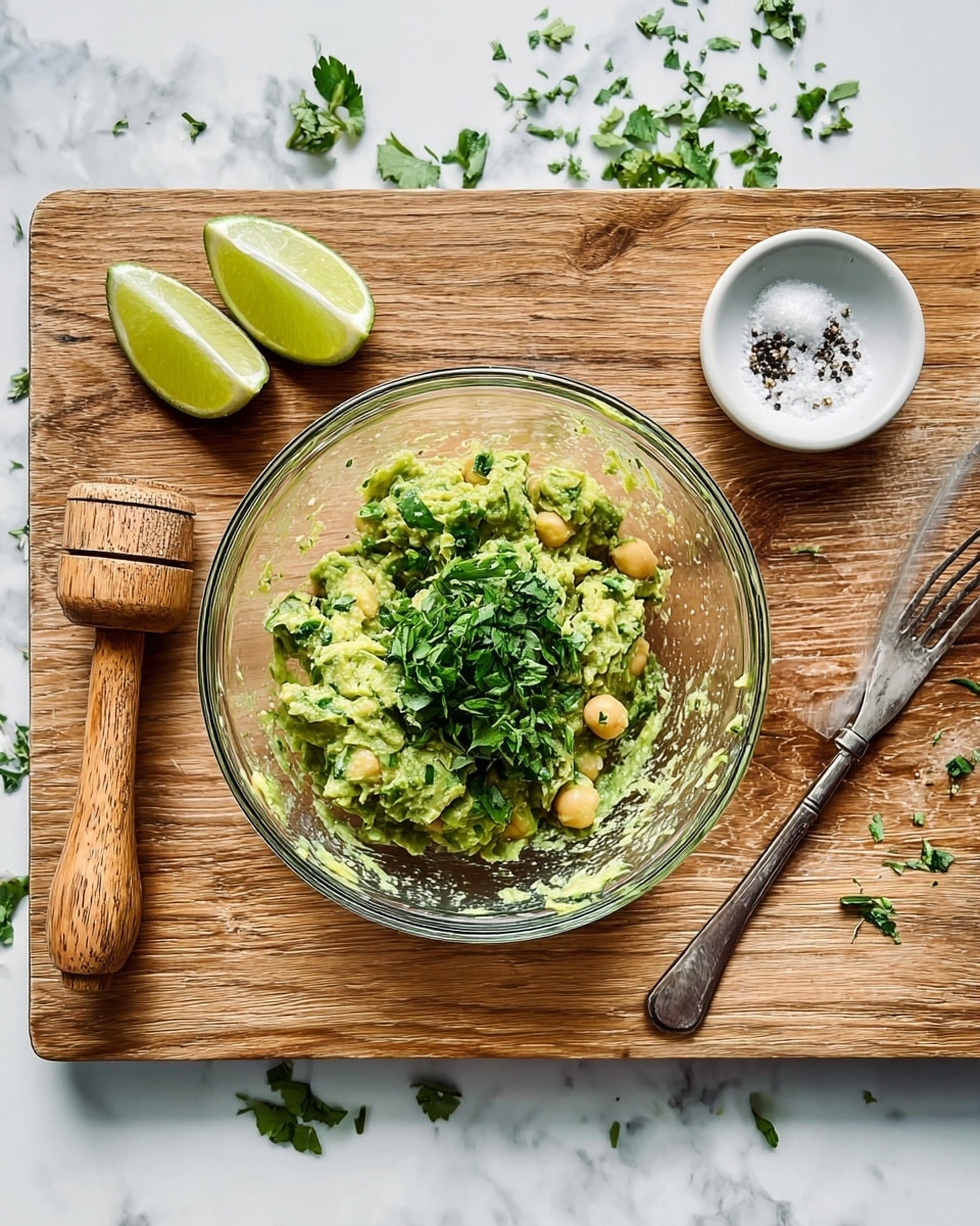 A clear glass bowl sits on a wooden cutting board, holding a green chunky mixture with visible beige chickpeas mixed in. Fresh green chopped herbs rest on top of the mixture, adding texture and color contrast. To the left of the bowl, two squeezed lime halves and a wooden citrus reamer lie on the cutting board. On the right side of the bowl, a silver fork leans diagonally. A small white dish with salt and black pepper is placed beside the lime. The cutting board is set on a white marbled surface with some green herbs scattered near the top edge. The photo taken with an iphone --ar 4:5 --v 7