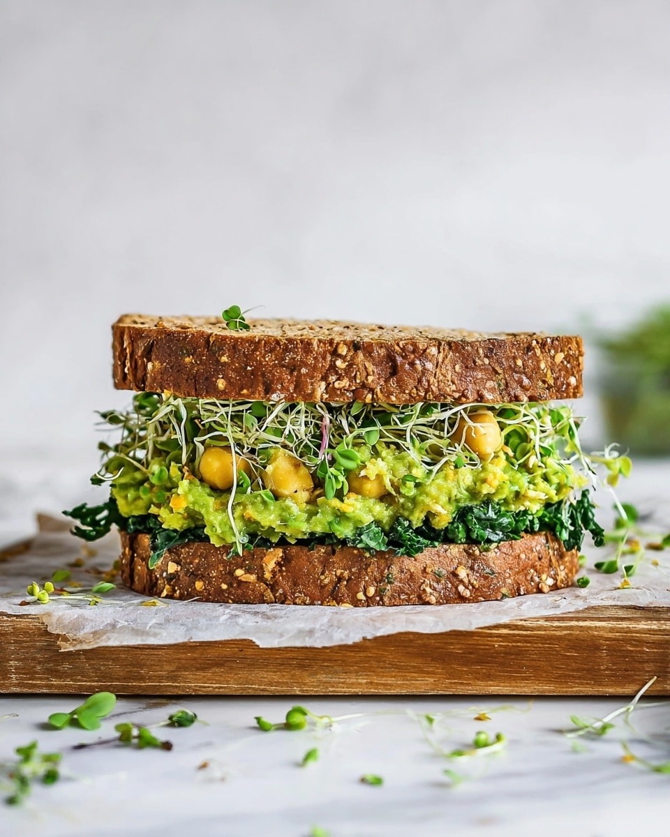 A thick sandwich with two slices of brown multigrain bread, filled with three visible layers: at the bottom, a layer of dark green leafy kale, above it a chunky, bright green mashed chickpea and avocado mix with some yellowish chickpeas, and on top a generous layer of light green alfalfa sprouts that slightly stick out from the sides; the sandwich rests on a wooden board with some green leaves and sprout pieces scattered around, all set on a white marbled surface and a soft white background photo taken with an iphone --ar 4:5 --v 7