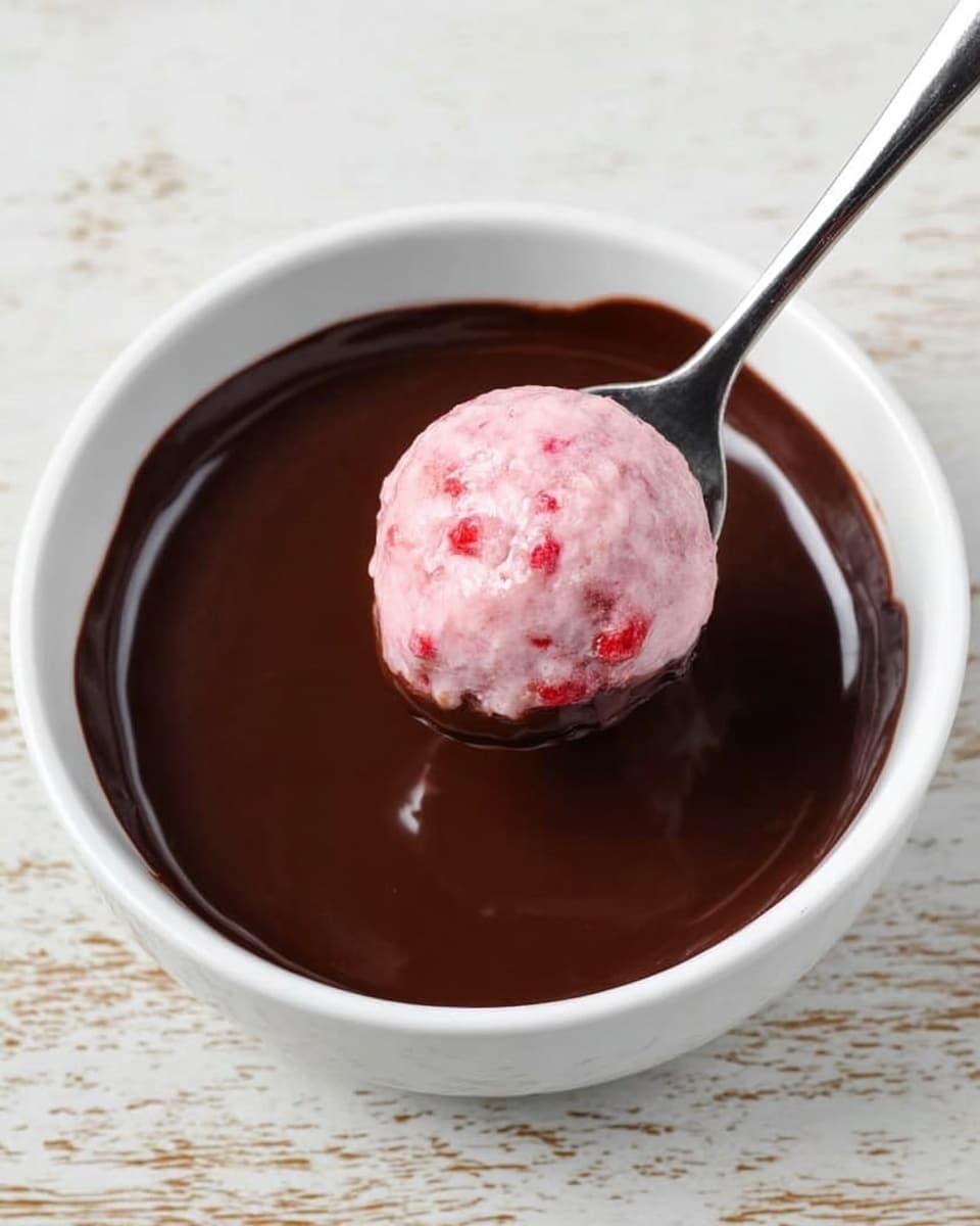 A white bowl filled with a smooth, dark chocolate sauce, shiny and thick, almost covering the entire inside of the bowl. Above the bowl, a silver fork holds a round, pinkish ball that looks soft and creamy, with small red bits inside the ball, suggesting some type of fruit or berry pieces. The background is a white marbled surface, and the bowl sits on it with no other objects around. photo taken with an iphone --ar 4:5 --v 7