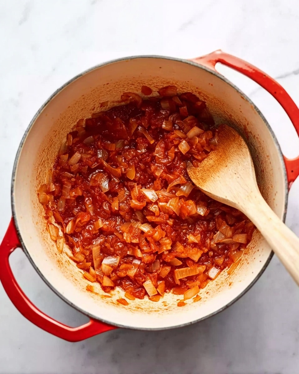 The image shows a white pot with red handles on a white marbled surface. Inside the pot, there are small, evenly cut pieces of onion and tomato cooking together, with a reddish sauce coating them. The texture looks soft and slightly thick. A light-colored wooden spoon is resting inside the pot, stirring the mixture. Photo taken with an iphone --ar 4:5 --v 7