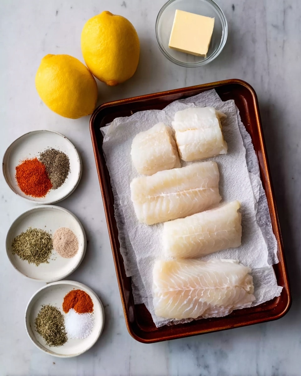 A top view of six pieces of white fish fillets arranged in two rows on white paper towels inside a baking pan with a dark brown edge. Above the pan are two bright yellow lemons on a white marbled surface, next to a small clear glass bowl holding a square of butter. To the left of the lemons is a white plate containing five different spices in small piles: ground black pepper, dried green herbs, garlic powder, paprika, and salt. The background is a white marbled texture. photo taken with an iphone --ar 4:5 --v 7