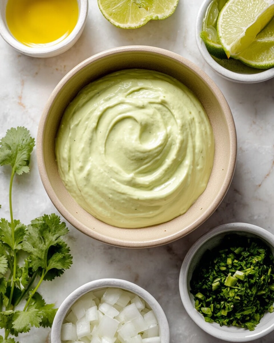 The image shows a top view of a beige bowl filled with a light green creamy sauce that has a smooth and swirled texture. Around the bowl, there are four smaller white bowls on a white marbled surface. The top left bowl contains a small amount of clear golden oil, the top right bowl is filled with lime wedges, the bottom right bowl holds finely chopped green herbs, and the bottom left bowl has diced white onions. Some fresh green cilantro leaves are also visible near the top center. photo taken with an iphone --ar 4:5 --v 7