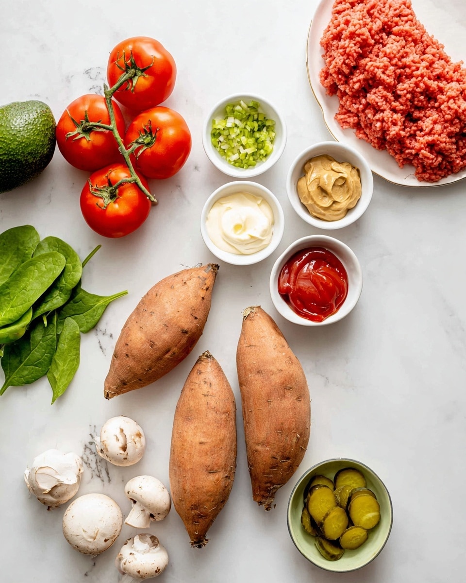 The image shows a clean white marbled surface with three whole sweet potatoes placed horizontally in the center. On the top right, there are four small white bowls, each filled with different condiments: light brown mustard, finely chopped green pickles, creamy white mayonnaise, and bright red ketchup. To the far right, there is a white plate holding raw red ground meat. On the left side, there is a bunch of bright red tomatoes on the vine near a fresh green spinach leaf and a whole green avocado. At the bottom near the center, a small cluster of sliced white mushrooms is visible, and a small garlic bulb is placed above the sweet potatoes. A light green bowl with sliced pickles sits at the bottom right corner. Photo taken with an iphone --ar 4:5 --v 7