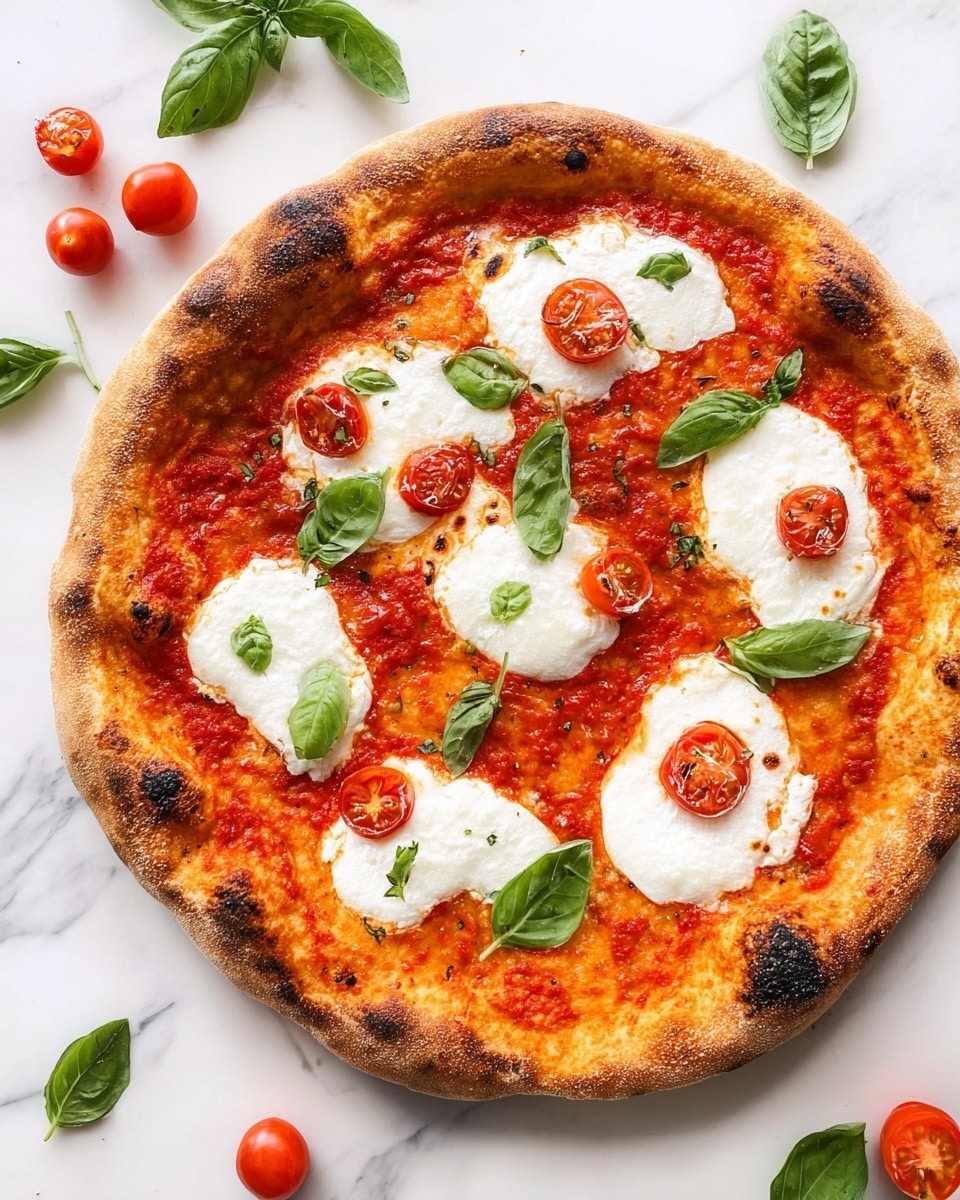 A round pizza with a golden-brown crust that is slightly charred on the edges, spread with a layer of bright red tomato sauce, topped with dollops of white creamy cheese, each topped with a slice of red cherry tomato. Scattered fresh green basil leaves add a pop of color, some resting on the cheese and others on the sauce. The pizza is placed on a white marbled surface with a few loose cherry tomatoes and basil leaves around it, all colors vibrant and fresh. Photo taken with an iphone --ar 4:5 --v 7