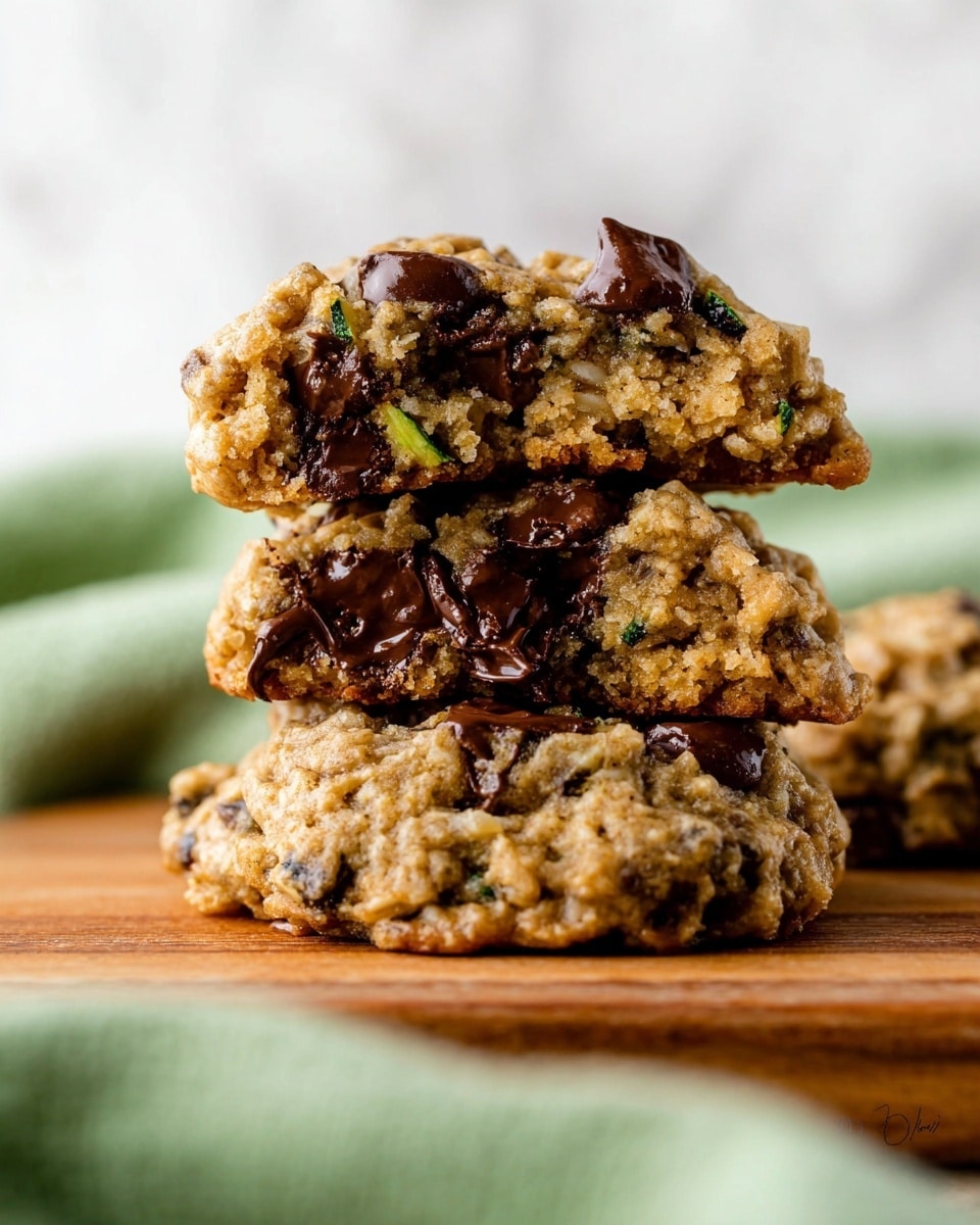 The image shows a stack of three thick, oatmeal chocolate chip cookies placed on a wooden board. The bottom cookie is whole and has a rough, chunky texture with visible oats and melted chocolate chips embedded throughout, giving it dark brown spots against the light brown dough. The top two cookies are stacked slightly off-center, with the middle one broken in half to reveal a soft, moist inside filled with gooey dark chocolate chips and bits of green zucchini. The surface behind it is a white marbled texture, and there is a soft green cloth slightly blurry in the foreground. The lighting is bright, highlighting the textures and colors of the cookies closely. Photo taken with an iphone --ar 4:5 --v 7