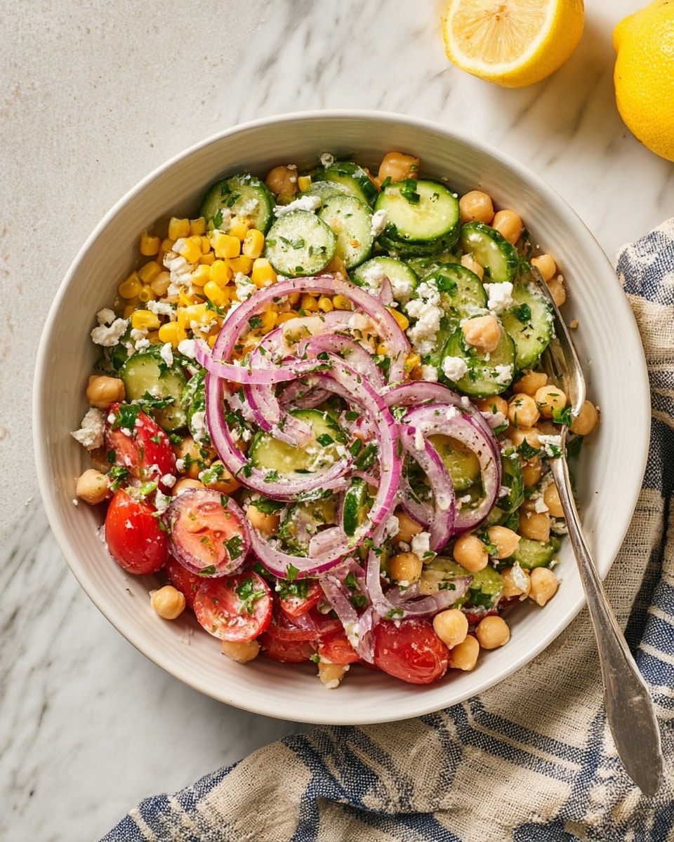 A white bowl filled with a colorful salad shows four main layers: at the bottom, small chickpeas and bright yellow corn kernels; above, thin slices of dark green cucumber mixed with fresh chopped parsley; on top of that, thin rings of purple-red onion and halved red cherry tomatoes; and scattered white crumbled cheese adding texture across. The salad appears lightly mixed with a creamy dressing, with a silver fork resting inside. The bowl is on a white marbled surface, next to a striped cloth and a yellow lemon partly in view photo taken with an iphone --ar 4:5 --v 7