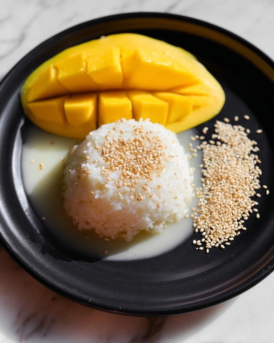 A black round plate holds a small mound of white sticky rice topped with light brown sesame seeds in the center. To the left of the rice are two sections of bright yellow mango, each sliced into even pieces but still attached at the base. At the bottom right of the plate, there is a small pile of loose sesame seeds. A clear, white liquid partially surrounds the rice, blending softly into the plate surface. The plate sits on a white marbled surface. photo taken with an iphone --ar 4:5 --v 7