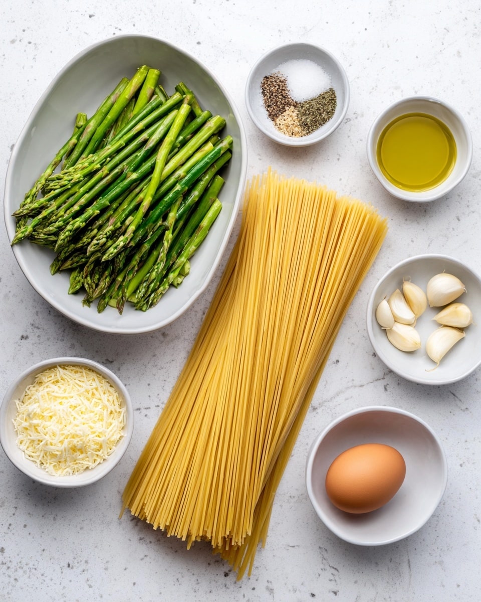 A white oval plate holds a neat bundle of uncooked spaghetti, pale yellow and straight, placed slightly angled. To the left, a large white bowl is filled with bright green chopped asparagus pieces, some showing fine tips. Around these main items, there are four small white bowls containing different ingredients: one has grated pale yellow cheese, another has golden olive oil, the third holds sprinkled salt and black pepper, and the last has three whole garlic cloves. In the bottom right corner, a single brown egg rests on the white marbled surface. The overall scene is bright with soft natural light, and all items are set on a white marbled texture background. photo taken with an iphone --ar 4:5 --v 7