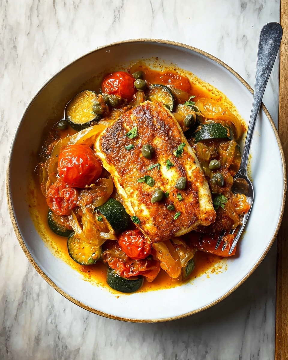 A white bowl sits on a white marbled texture surface, filled with a rich stew made of dark green zucchini pieces, bright red cherry tomatoes, and tender yellow onion slices all in a deep orange sauce. On top, there is a thick, golden brown grilled fish fillet with a slightly crispy surface sprinkled with small green capers. A silver fork is inserted under the fish on the right side of the bowl. photo taken with an iphone --ar 4:5 --v 7