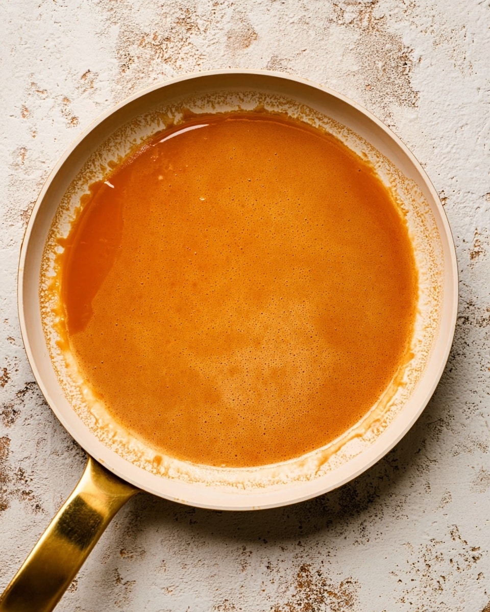 a top down, close up shot shows a round, cream colored skillet filled with a smooth, caramel sauce. the skillet, with its gold handle extending to the bottom right, is centered on a textured, off white surface with brown speckles. the sauce has a glossy finish, with slight color variations from light orange to a deeper, reddish orange. thin lines of caramelized residue stick to the inner rim of the pan, indicating cooking. the background has a rustic, concrete like texture.photo taken with an iphone --ar 4:5 --v 7