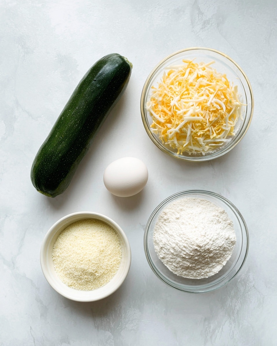 The image shows five cooking ingredients arranged neatly on a white marbled surface. On the left side, there is a whole dark green zucchini with a shiny texture. To the right of the zucchini, a single white egg sits on the surface. Above the egg, a clear glass bowl holds a mix of shredded yellow and white cheese with a soft texture. Below the egg, another clear glass bowl contains white flour with a powdery look. In the bottom left corner, there is a small white bowl filled with light beige grated cheese or flour, with a fine texture. photo taken with an iphone --ar 4:5 --v 7