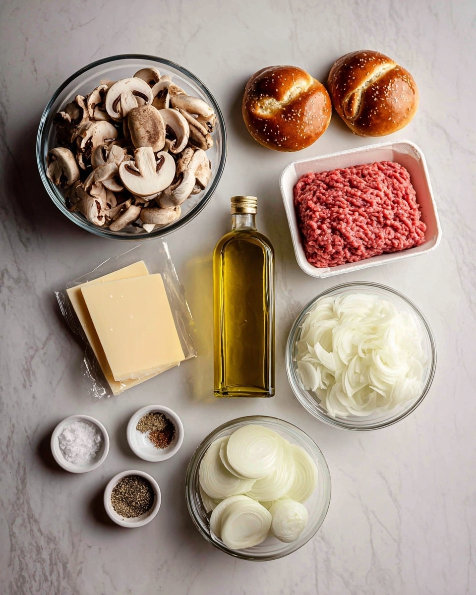 The image shows fresh ingredients laid out on a white marbled surface: a round glass bowl full of sliced brown and white mushrooms at the top left, two golden pretzel buns with light brown crusts and a single light strip each below the mushrooms, four slices of pale yellow cheese in plastic wrapping to the left center, a tall clear glass bottle of light golden olive oil in the middle, and a white foam tray of raw ground beef with a bright red color and textured lines at the top right. Below the meat on the right is another round glass bowl containing white sliced onions with soft curved shapes. A small white bowl with several spices in separate sections including salt, black pepper, and light brown powder sits at the bottom left. photo taken with an iphone --ar 4:5 --v 7