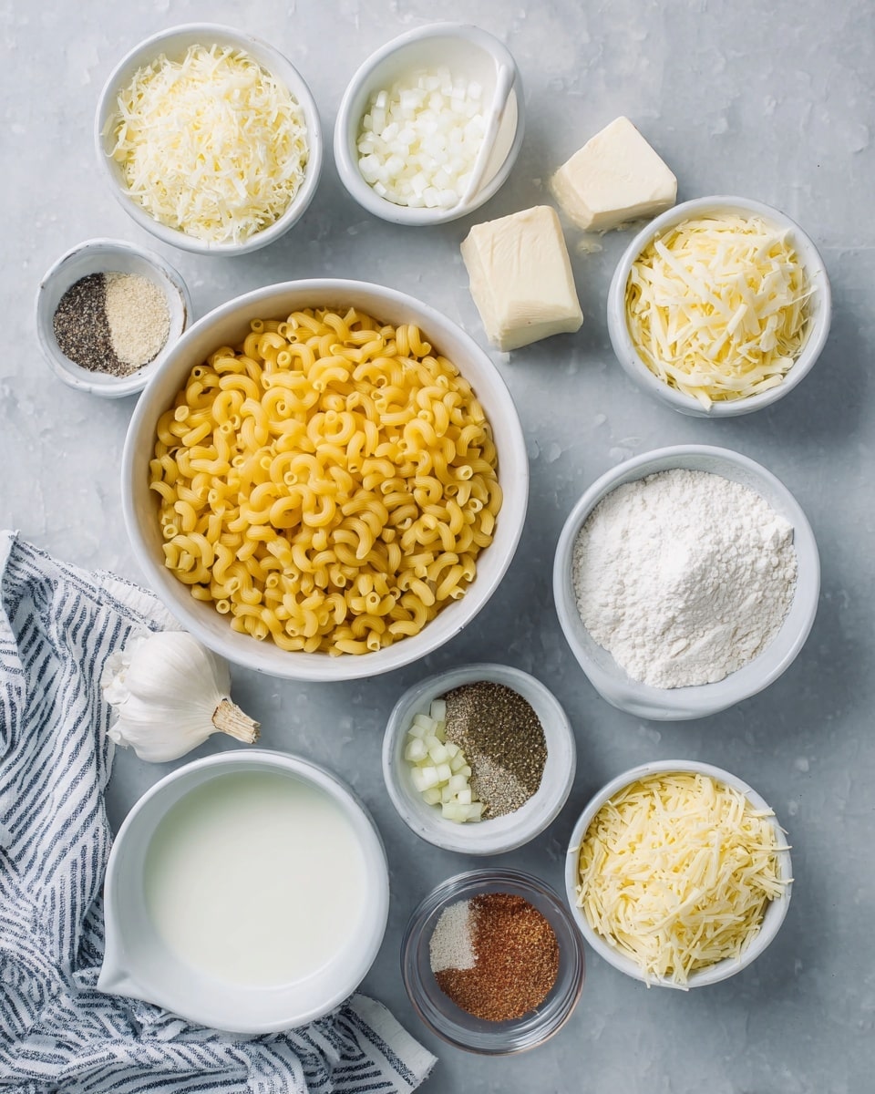 A top view of various baking ingredients arranged in white bowls on a white marbled surface. In the center is a large bowl filled with yellow elbow macaroni pasta. Around it are smaller bowls with shredded white and pale yellow cheeses, melted butter, chopped white onions, white flour, and fresh milk. There are also tiny bowls with a mix of dry spices, minced garlic, ground black pepper, and salt. A striped white and blue cloth is placed at the bottom left corner. The scene has soft natural light. photo taken with an iphone --ar 4:5 --v 7