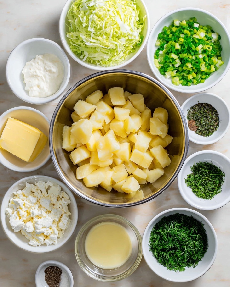 The image shows a top view of many small white bowls and a large metal bowl on a white marbled surface. The large metal bowl in the center is full of medium-sized light yellow potato cubes. Surrounding it, starting from top left, is a white bowl with light green shredded lettuce, next to it is a white bowl filled with bright green chopped green onions. To the right, there is a white bowl with dark green chopped dill, and another white bowl with finely chopped dark green herbs. Below that, there is a white bowl with crumbled white cheese. At bottom left, a white bowl has white creamy yogurt, moving right, a white bowl contains yellow butter, then a small white bowl holds light yellow minced garlic. Next is a small white bowl of clear liquid, and a partial view of a white bowl with white granulated salt and black pepper. photo taken with an iphone --ar 4:5 --v 7
