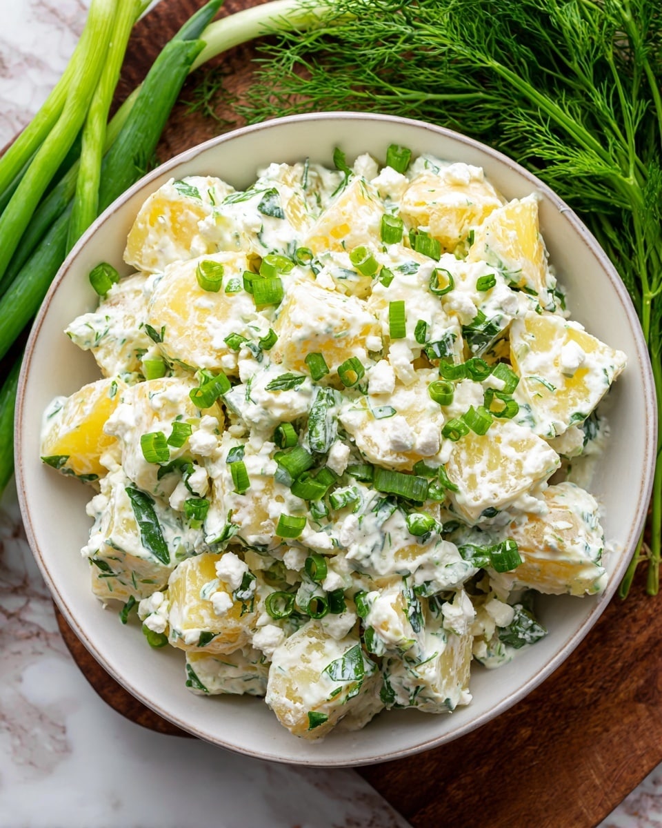 A white bowl filled with creamy potato salad showing about three layers: at the bottom, small chunks of light yellow potatoes mixed with fresh green herbs; the middle layer is thick white creamy dressing with finely chopped green herbs mixed in; the top layer has more potato pieces sprinkled with small white cheese crumbles and finely chopped bright green spring onions, all resting on a white marbled surface with fresh herbs and spring onions partly visible around the bowl, photo taken with an iphone --ar 4:5 --v 7