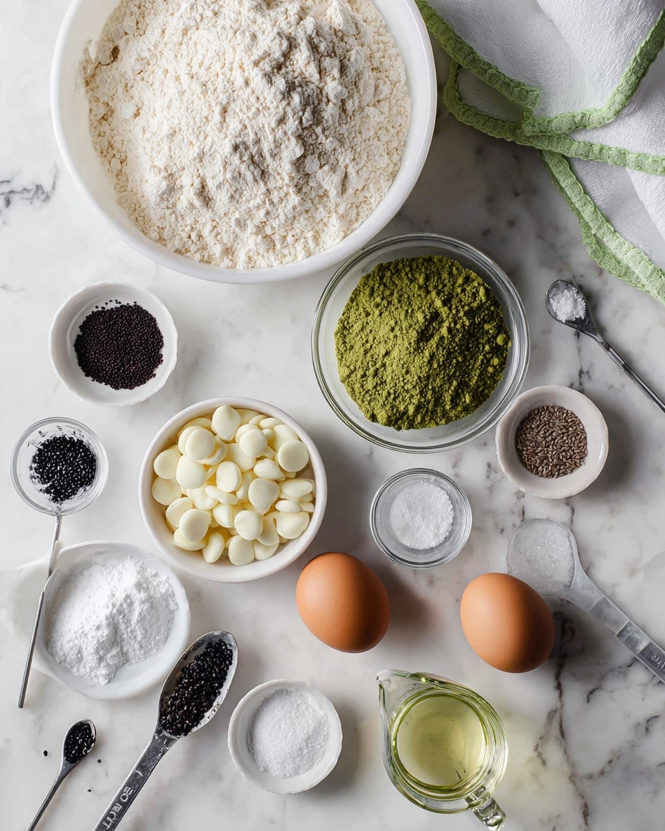 The image shows a top view of various baking ingredients arranged on a white marbled surface. In the top left is a large white bowl filled with pale flour. Below it, a small white bowl holds many white chocolate drops. Next to it is a small clear glass bowl full of finely ground green powder. To the right, two brown eggs rest side by side. In the bottom center is a clear glass measuring cup with a colorless liquid and red measuring marks. Around these are small white bowls and measuring spoons holding white sugar, black seeds, and small amounts of other powders. A white plate with small black spoons and powder rests in the lower left corner. A white cloth with green edges is folded on the upper right side. photo taken with an iphone --ar 4:5 --v 7