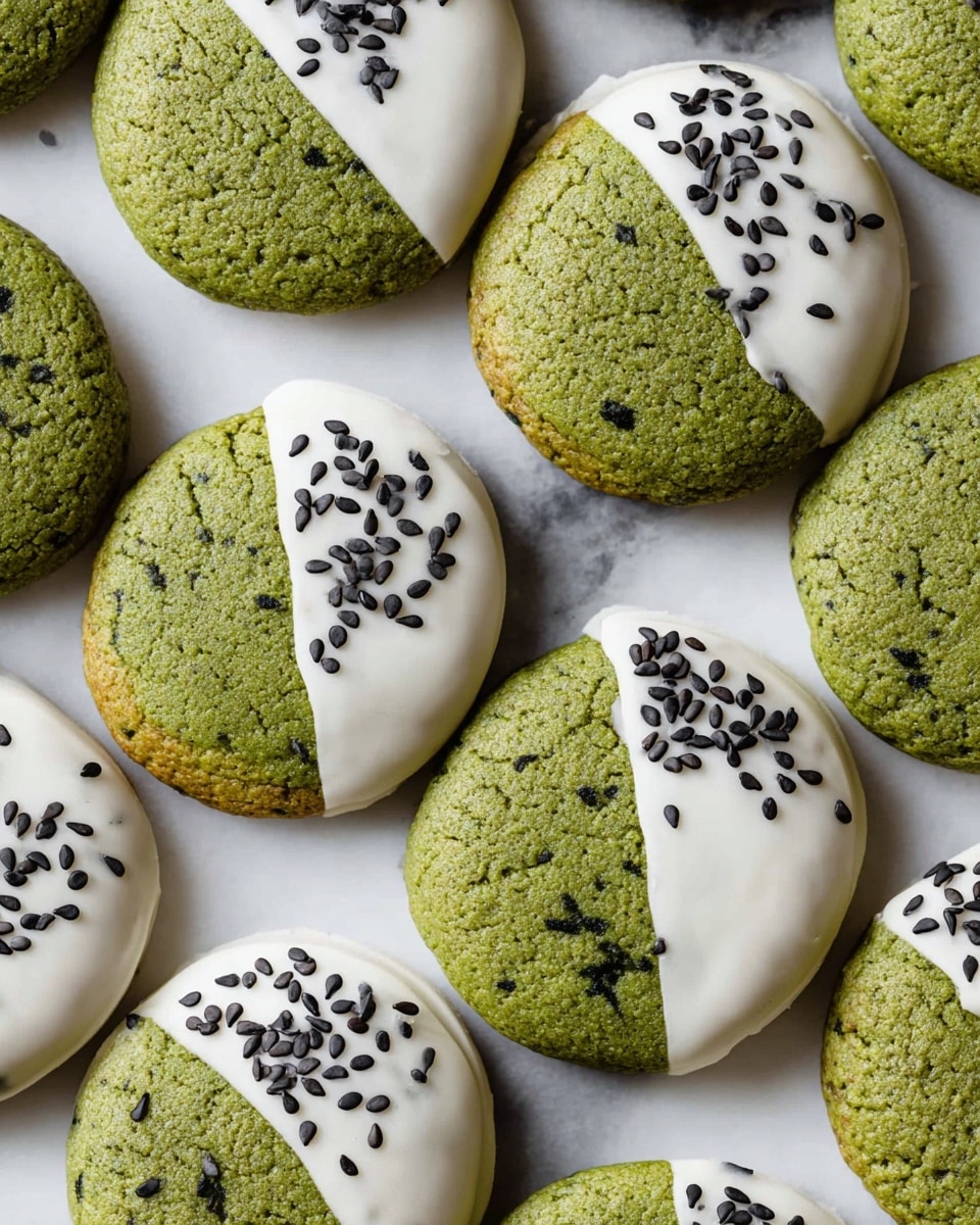 The image shows many round green cookies laid out on a white marbled surface. Each cookie is half dipped in smooth white icing, which covers about half of the cookie’s top surface. On the white icing, small black sesame seeds are scattered evenly. The green part of the cookie has a slightly rough, cracked texture, while the white icing is shiny and smooth. The cookies are close together but do not overlap, filling the frame fully. photo taken with an iphone --ar 4:5 --v 7