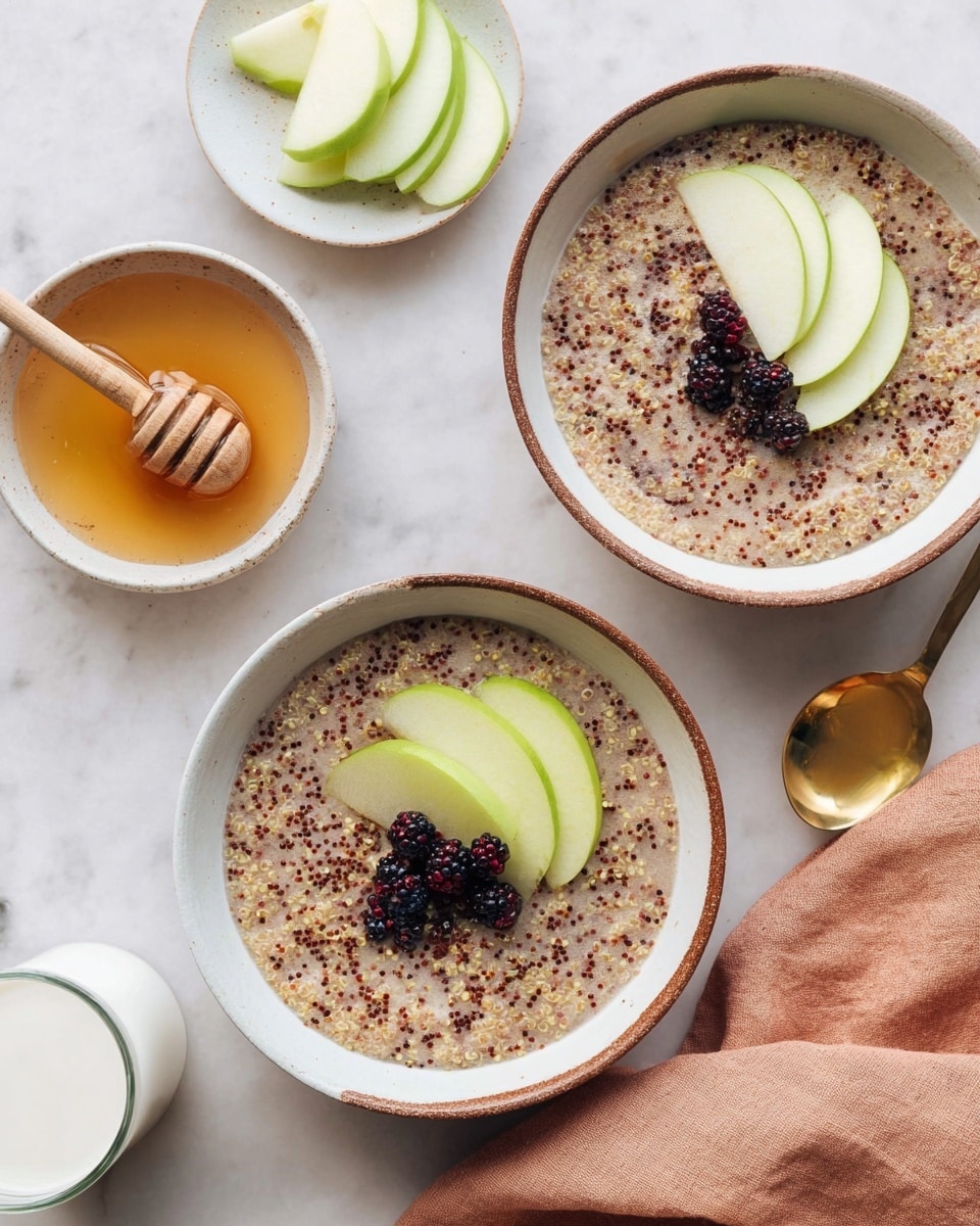 Two bowls of quinoa porridge are placed on a white marbled surface. Each bowl is white with a brown speckled rim and filled with a creamy beige porridge mixed with tiny black and reddish quinoa seeds. On top of each porridge, there are five thin slices of green apple arranged fanned to one side and a small cluster of dark purple berries near the center. To the upper left, a white bowl holds honey with a wooden honey dipper resting inside. Nearby, a small white dish contains extra green apple slices. A gold spoon lies to the right near a glass of white milk. A soft peach-colored cloth is partly visible in the corner. photo taken with an iphone --ar 4:5 --v 7