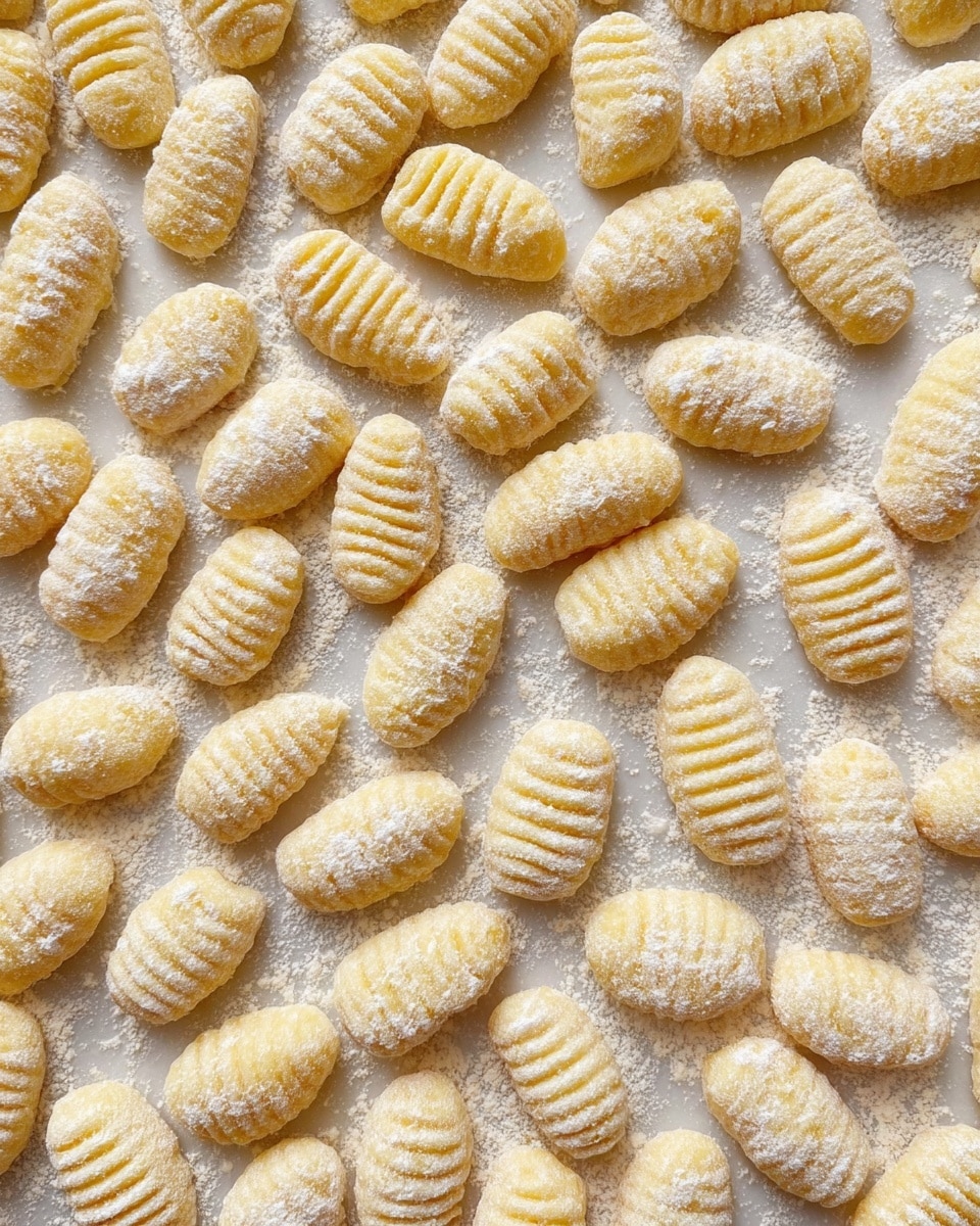 The image shows many small, soft gnocchi pieces spread out evenly over a white marbled surface dusted with white flour. Each gnocchi piece is a short, thick oval with deep, symmetrical ridges running horizontally around it. Their color is a pale yellow with a powdery coating from the flour, giving them a slightly rough, matte texture. The pieces are tightly packed, covering the whole surface in a uniform layer. Photo taken with an iphone --ar 4:5 --v 7
