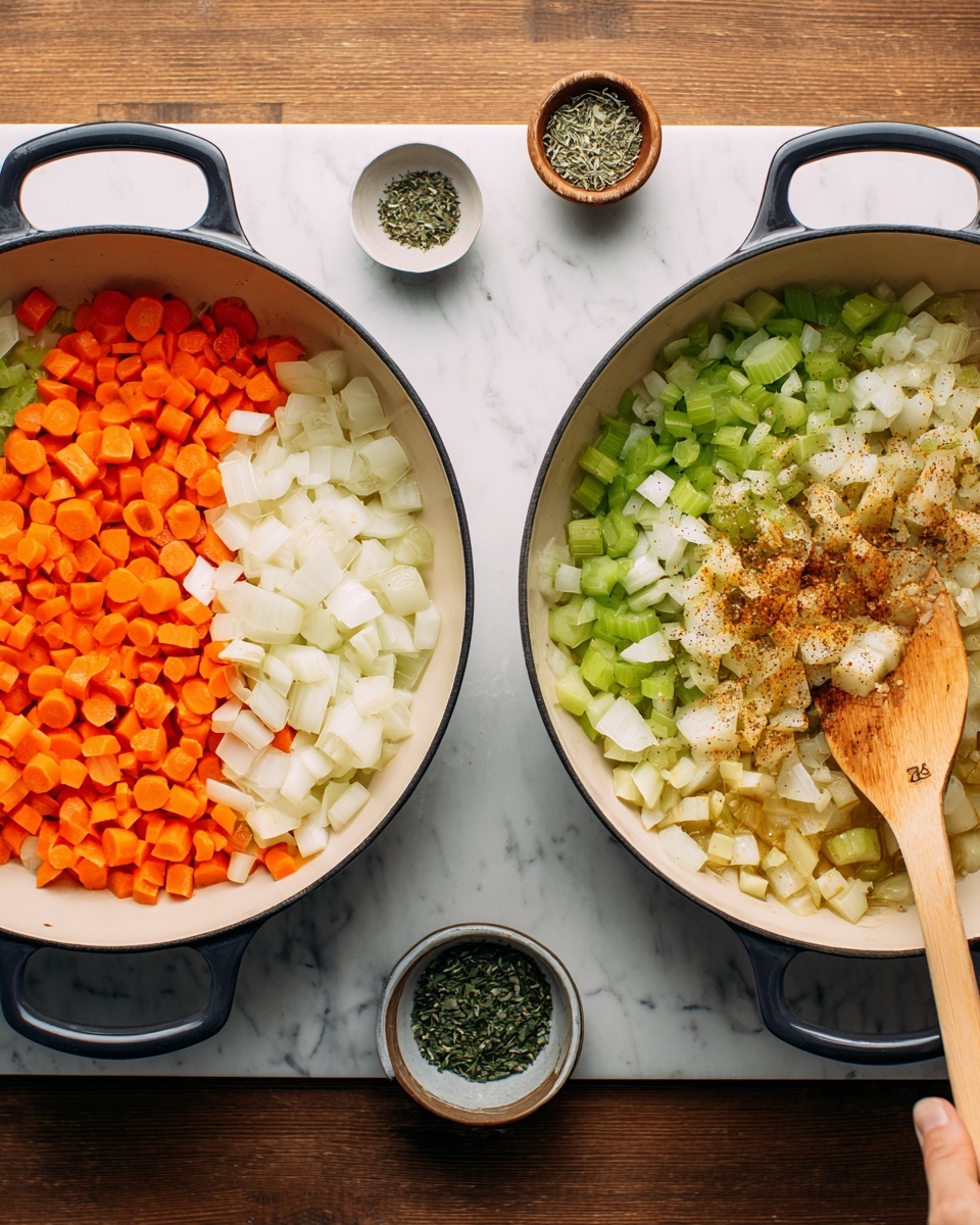 Two white enamel pans with black handles are shown side by side on a white marbled surface. The pan on the left contains three groups of chopped vegetables arranged in a layered pattern: bright orange carrot pieces in the upper left, pale white onion pieces on the right, and light green celery pieces in the bottom left. The pan on the right shows these vegetables stirred together and mixed with light brown seasonings scattered on top. A wooden spatula held by a woman's hand is stirring inside this pan. Small bowls with herbs or seasonings sit on the white marbled surface nearby. photo taken with an iphone --ar 4:5 --v 7