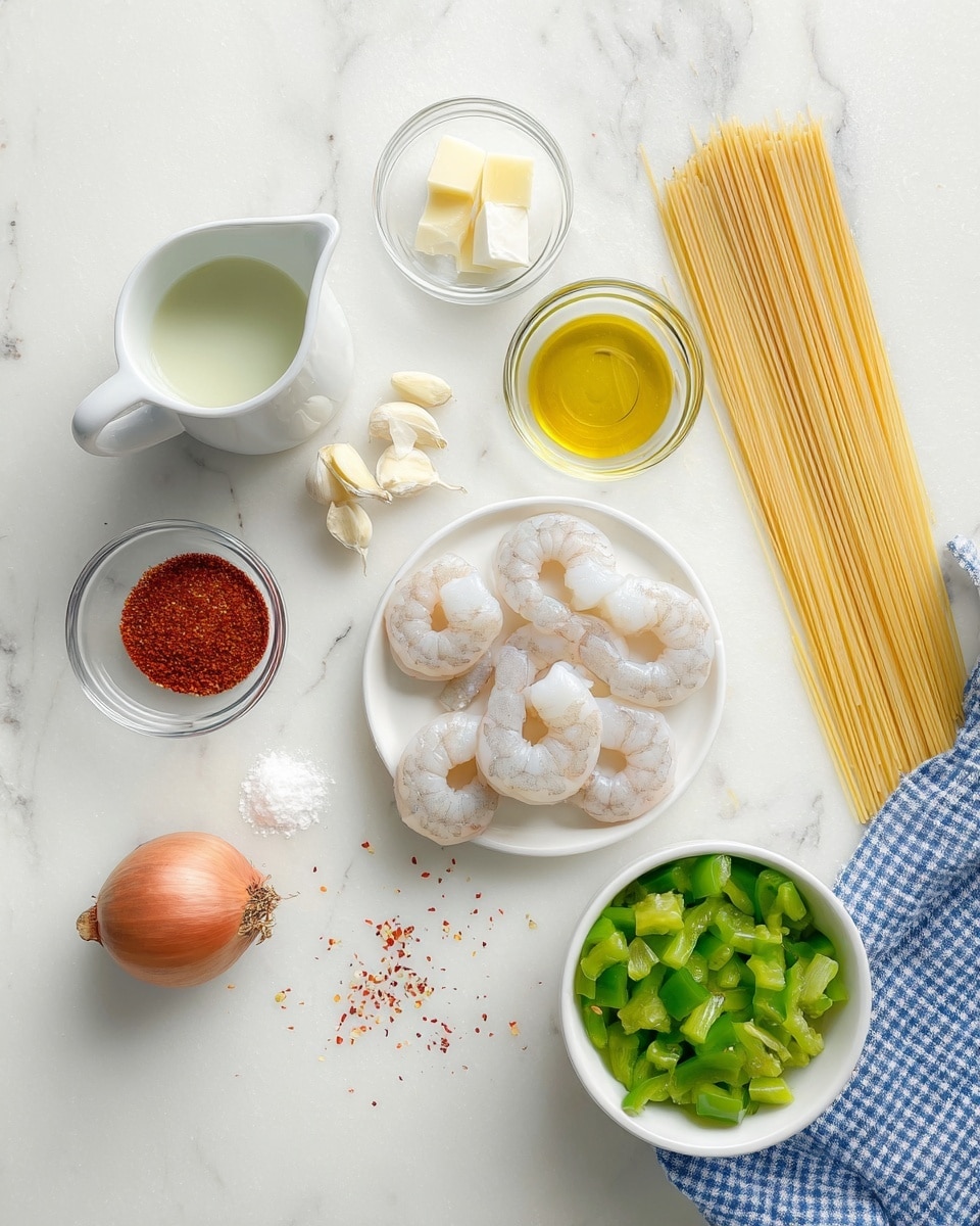 The image shows a collection of cooking ingredients arranged neatly on a white marbled surface. In the center, there is a white plate holding five raw shrimp with a pale, translucent color and slightly curved shapes. Surrounding it, small clear glass bowls hold three peeled garlic cloves, a red spice mix, white creamy sauce, golden olive oil, and a square piece of yellow butter. A white pitcher contains a light green liquid, probably milk or cream, and a white bowl is filled with chopped green bell pepper pieces. On the right side of the scene, long uncooked spaghetti sticks are placed diagonally, next to a blue and white checkered kitchen towel. A whole shallot with a reddish-brown skin is also set nearby. Small scattered red spice specks are seen sprinkled on the surface. Photo taken with an iphone --ar 4:5 --v 7
