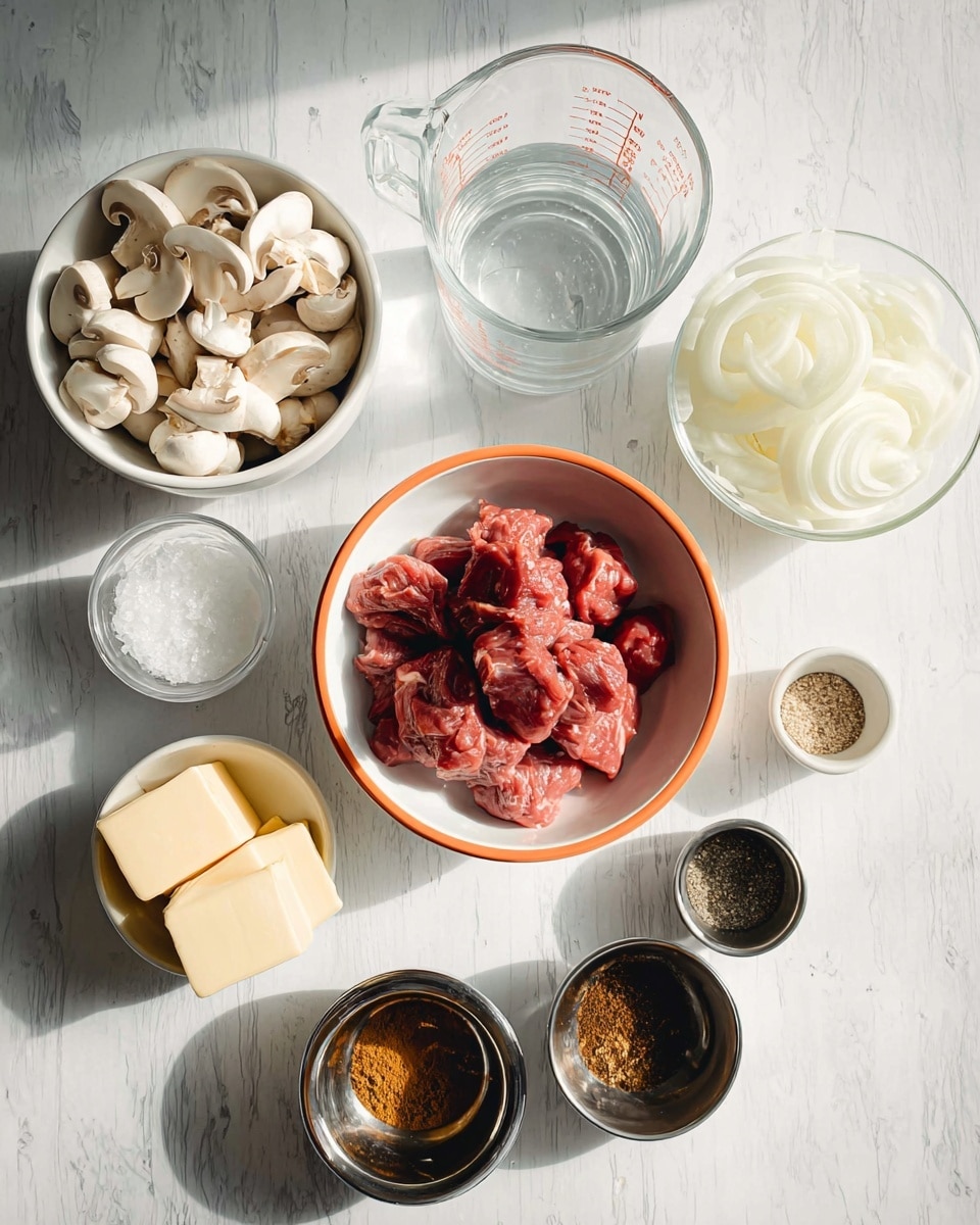 The image shows several white bowls and small glass containers arranged on a white marbled surface. In the center, a white bowl with an orange rim holds chunks of raw red meat. To the top left, a white bowl is filled with sliced white mushrooms. Next to it is a tall clear glass measuring cup with water. On the top right, a white bowl contains thinly sliced white onions, and a small glass bowl next to it holds a white powder. At the bottom left, a small glass bowl contains three blocks of pale yellow butter. Two small metal bowls are placed on the bottom right; one has a dark brown paste, and the other holds a mix of brown spices. Another small metal bowl next to the butter contains a brown spice blend. The lighting is bright and natural, creating soft shadows. Photo taken with an iphone --ar 4:5 --v 7