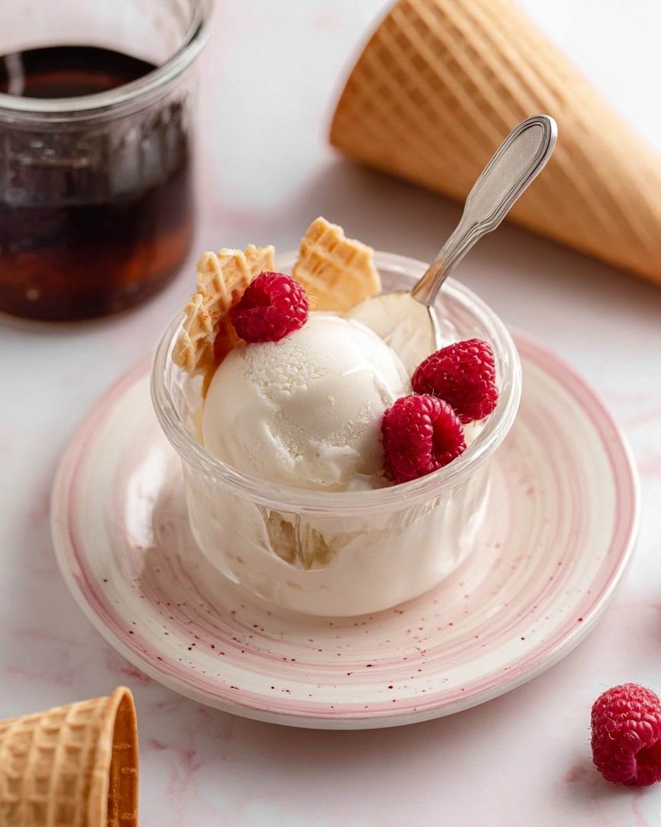 A small glass bowl filled with smooth white ice cream sits on a white plate with soft pink stripes and speckles. On top of the ice cream, there are three bright red raspberries and three small pieces of light brown waffle cone. A silver spoon scoops a portion of the ice cream, resting inside the bowl. In the background, part of a glass jar with dark liquid and a light brown waffle cone are visible on a white marbled surface. Photo taken with an iphone --ar 4:5 --v 7