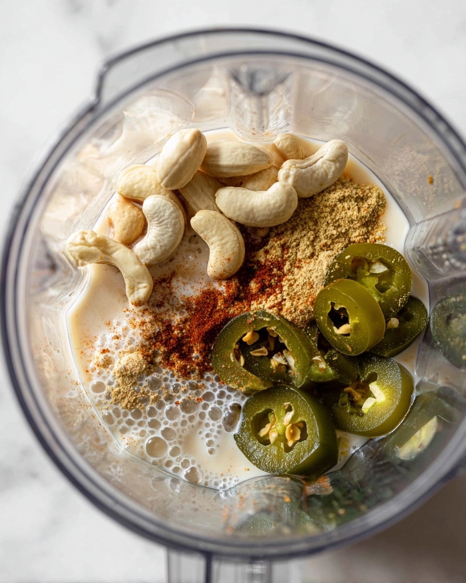 Inside a clear blender, several layers of ingredients sit ready to mix: a group of whole white cashews with a light sheen, chunky pale green pickled jalapeño pieces scattered on one side, and four thick slices of dark green jalapeño with visible seeds placed near the bottom right. Light golden powder is sprinkled alongside the jalapeños, and there is a creamy white liquid with small bubbles pooling around the nuts. Some reddish-brown spice powder is dusted over the cashews and liquid, adding a warm splash of color. The blender itself is on a white marbled surface, and the image is captured from above. photo taken with an iphone --ar 4:5 --v 7