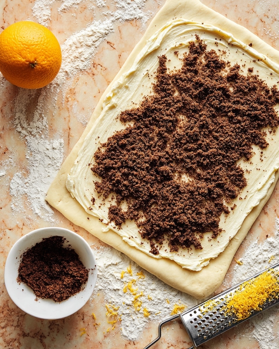 A rectangular dough sheet spread flat on a white marbled surface is layered with a smooth, creamy white spread evenly covering the dough base, topped with a thick, uneven layer of dark brown crumbly mixture mostly gathered in the center and spreading outward. Nearby, a small white bowl filled with the dark brown mixture sits to the side, while a metal grater with some fine yellow zest rests diagonally near a bright whole orange. White flour is scattered lightly over the surface around the dough. Photo taken with an iphone --ar 4:5 --v 7