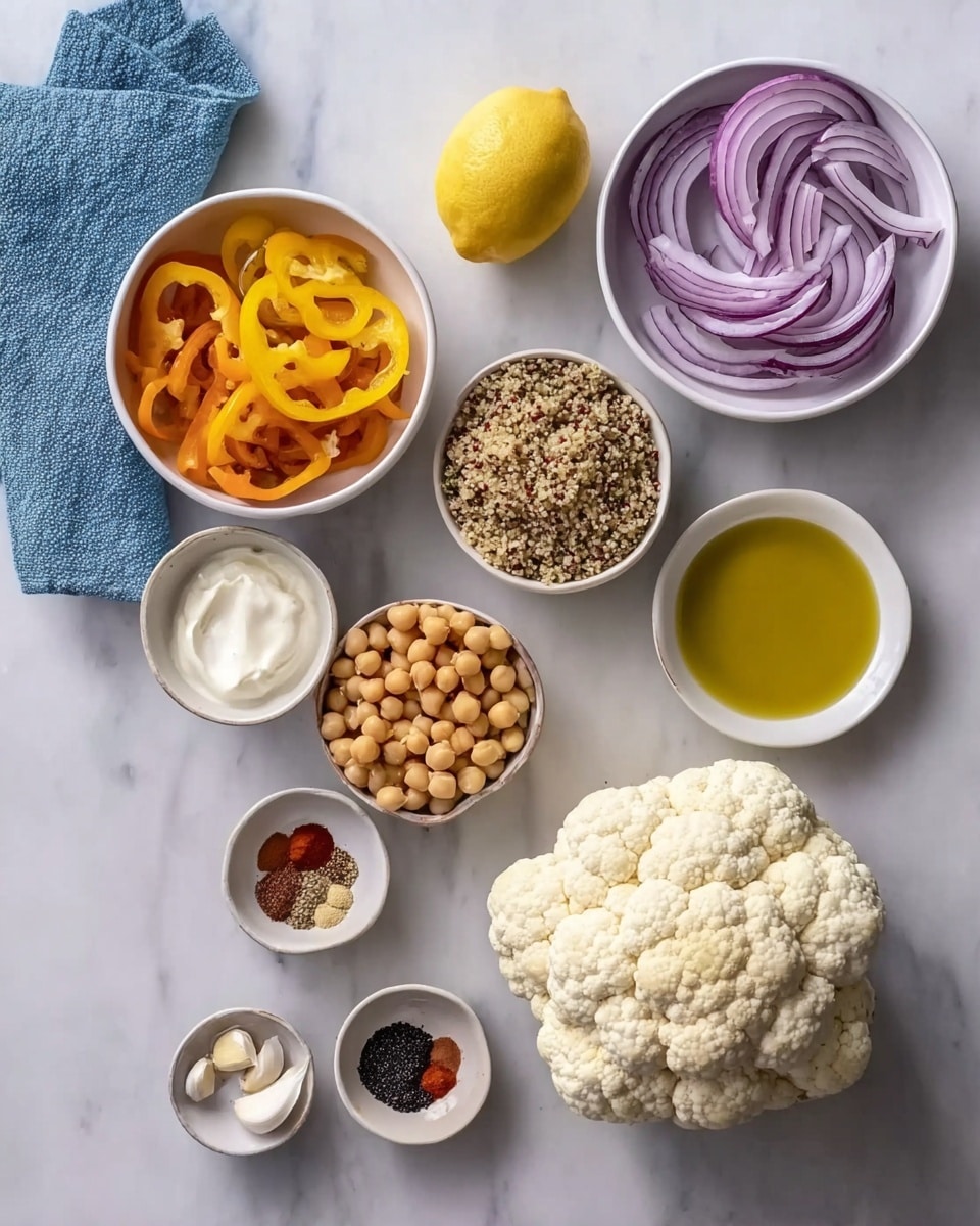 The image shows ingredients arranged neatly on a white marbled surface. There is a whole white cauliflower in the bottom right corner, next to a white bowl filled with thinly sliced purple onions. Above them, a lemon rests beside a small white bowl with golden olive oil. Nearby, a white bowl holds cooked chickpeas, and another white bowl contains cooked quinoa with a mix of colors. On the left side, there is a white bowl filled with orange and yellow pepper slices. Small white bowls hold minced garlic, yogurt, and a colorful mix of spices including red, black, and white powders. A light blue cloth is partially visible in the top left corner. photo taken with an iphone --ar 4:5 --v 7