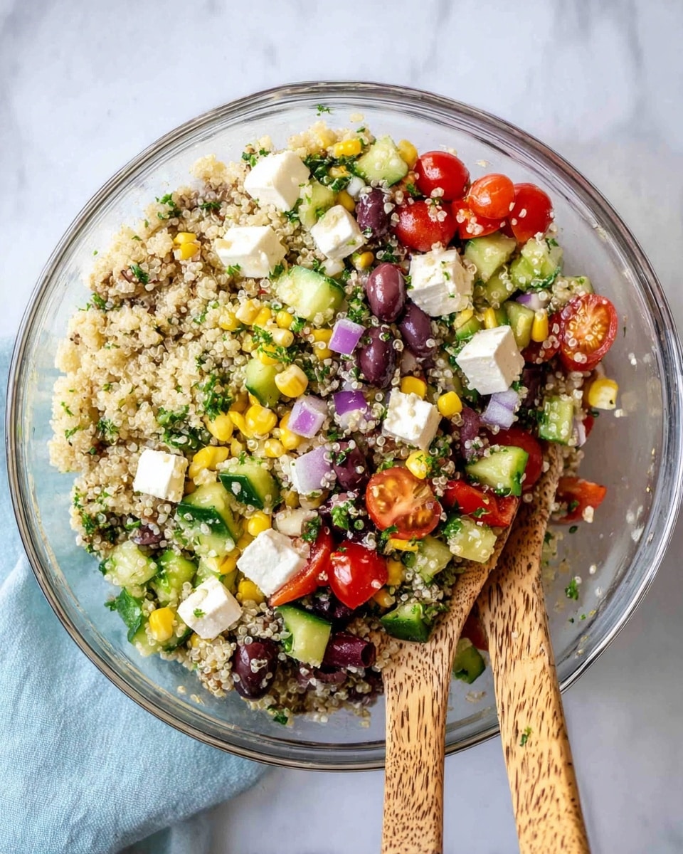A large clear glass bowl filled with a colorful quinoa salad containing three main layers: the bottom layer shows light fluffy quinoa, the middle layer includes diced dark purple olives, yellow corn, chopped light green cucumbers, and small green parsley bits, and the top layer has bright red cherry tomato halves and white cube pieces of cheese. The textures are varied with soft quinoa, firm cheese cubes, juicy tomatoes, and crunchy vegetables, mixed evenly throughout. Two wooden spoons with light and dark brown speckled handles rest inside the bowl. The bowl sits on a white marbled surface with a light blue cloth near it. Photo taken with an iphone --ar 4:5 --v 7