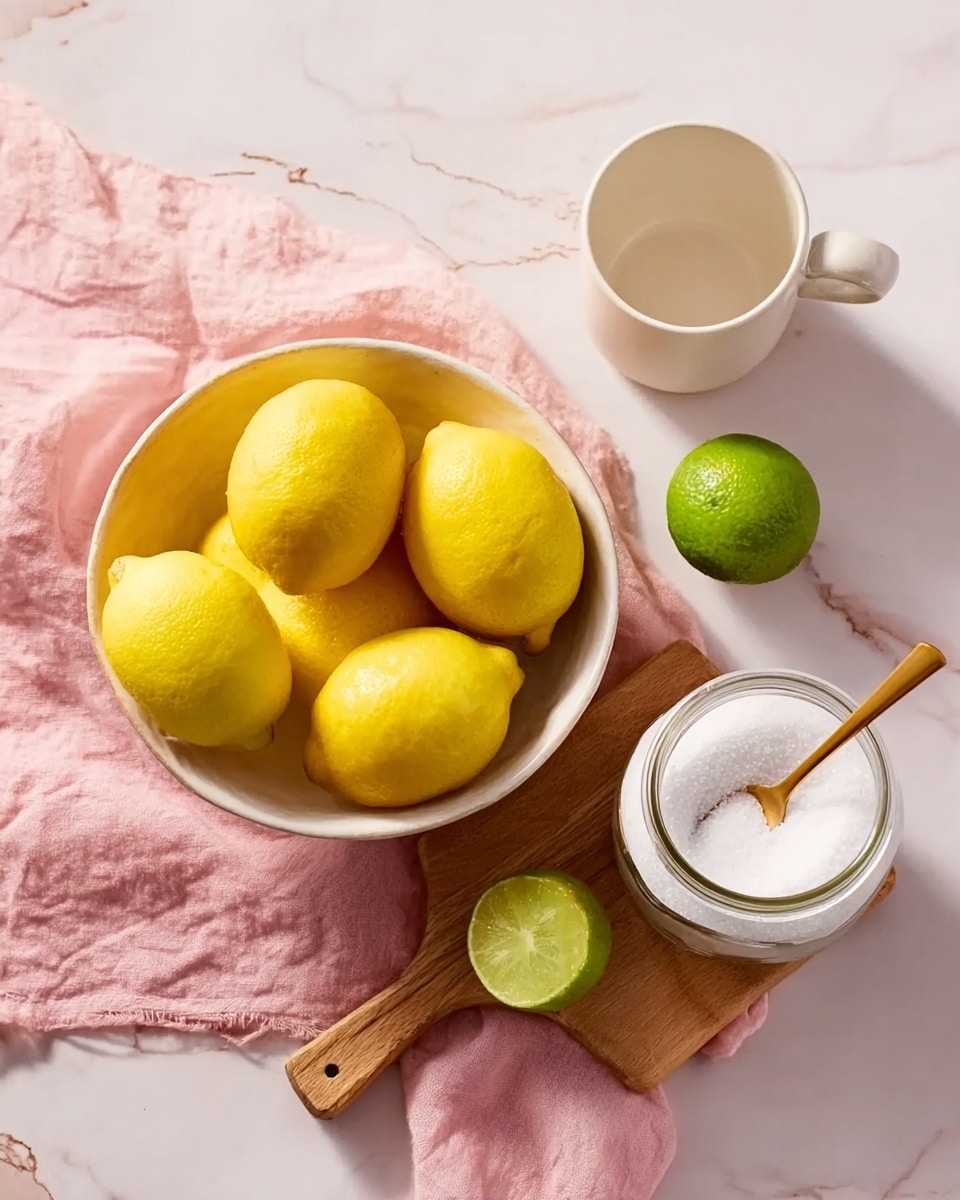 A white bowl filled with seven bright yellow lemons sits on top of a light brown wooden cutting board, which rests on a soft pink cloth. To the upper right of the bowl is a small green lime placed directly on a white marbled surface. Next to the lime, there is an empty white cup with a handle. Below the cup, a glass jar filled with white granulated sugar holds a small golden spoon inside. The whole scene is set on a white marbled surface. Photo taken with an iphone --ar 4:5 --v 7