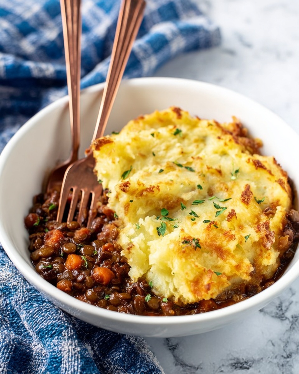The image shows a white bowl with a lentil dish topped with a layer of golden-brown mashed potatoes that have a crispy texture in some places. The lentil mixture underneath is dark brown with visible small chunks of orange carrot and a thick sauce. The mashed potato layer is sprinkled with small green herb pieces. Two copper-colored forks rest inside the bowl on the left side, leaning on the potato topping. The bowl is placed on a surface that looks like white marble with light veins, and a blue checkered cloth is blurred in the background. Photo taken with an iphone --ar 4:5 --v 7