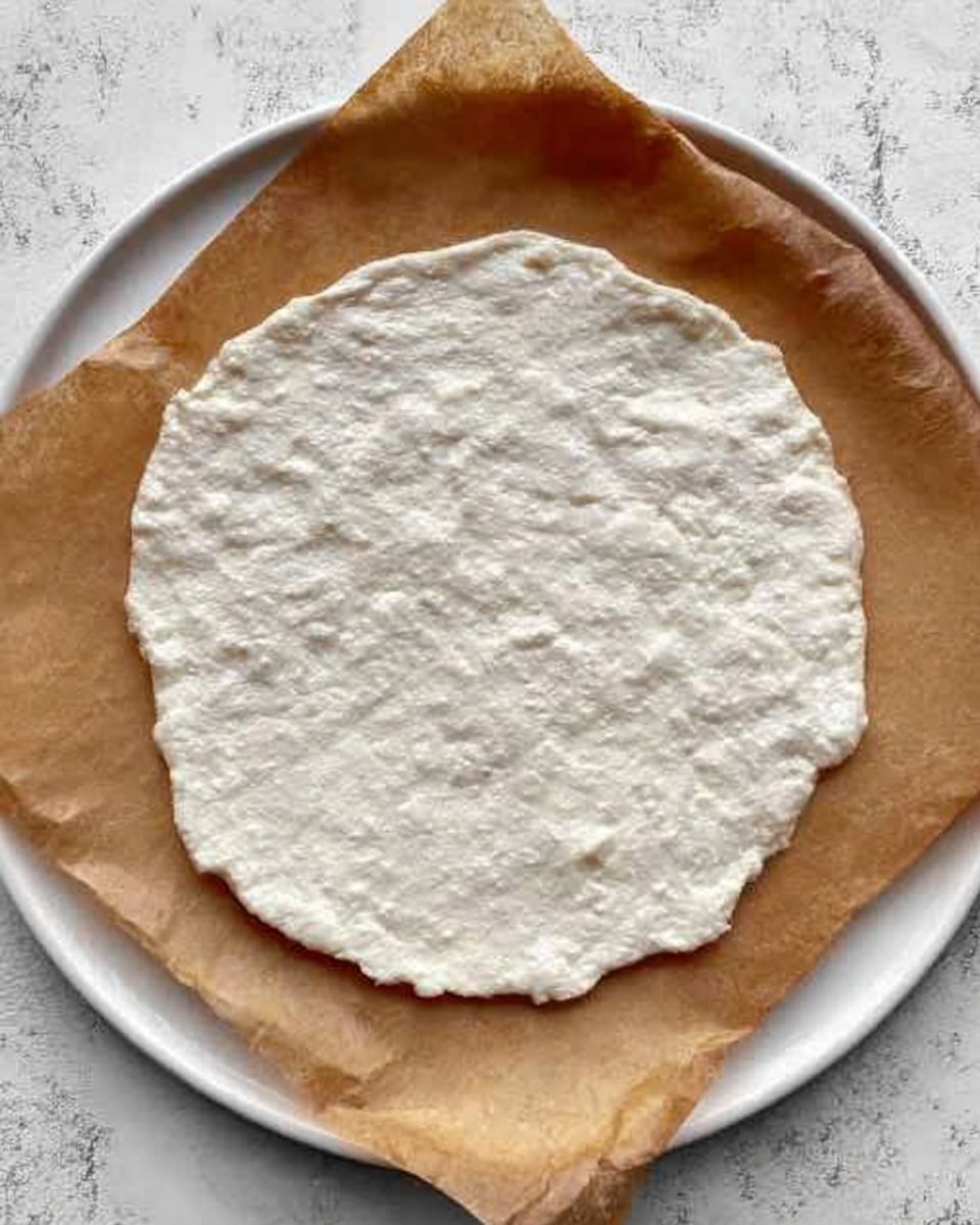 A round, flat white dough with a slightly rough and uneven surface lies centered on brown parchment paper. The dough has irregular edges and a soft, puffy texture with small air bubbles throughout. The parchment paper rests on a white plate with a smooth surface. The background shows a white marbled texture. Photo taken with an iphone --ar 4:5 --v 7