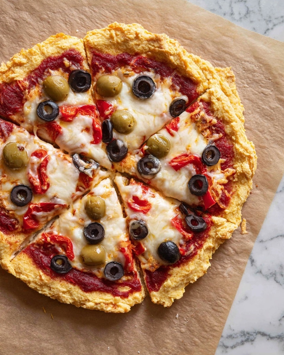 A pizza with six slices is shown on brown baking paper over a white marbled texture. The base layer is a thick, golden, fluffy crust with a rough texture. On top of the crust, there is a smooth red tomato sauce layer. A layer of melted white and light yellow cheese covers the sauce unevenly. The pizza is topped with round black olive slices and whole green olives placed randomly across the slices. There are also pieces of bright red roasted peppers scattered over the cheese. The photo taken with an iphone --ar 4:5 --v 7