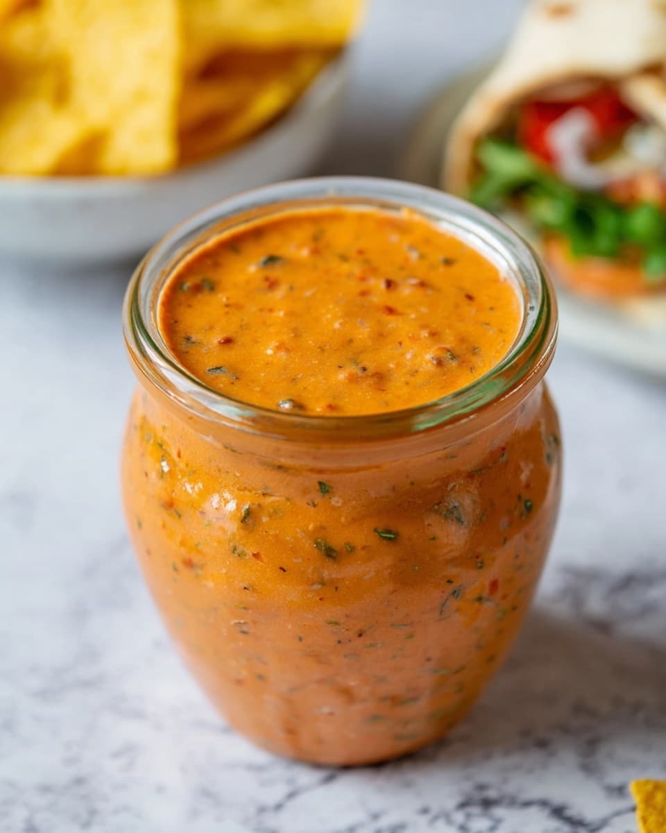 A close-up of a jar full of thick orange sauce with visible small green herb pieces and tiny red specks, filling the jar to the top with a slightly uneven surface texture. In the background, there is a white marbled surface holding a white bowl filled with yellow tortilla chips and a pita bread sandwich with green and red fillings slightly blurred. The scene is bright and fresh with natural lighting. Photo taken with an iphone --ar 4:5 --v 7