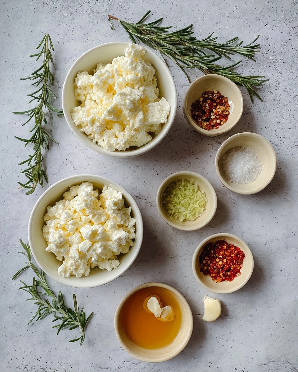Two white bowls filled with crumbled white cheese sit on a white marbled surface, one bowl on the left and the other on the right. Below them are five small beige bowls arranged in a loose semicircle; these contain light green lemon zest, chopped garlic, red chili flakes, salt, and golden honey. Two fresh green rosemary sprigs lie diagonally across the white marbled surface, one at the top left and one at the bottom right. The scene is softly lit, showing the textures of the cheese and spices clearly. Photo taken with an iphone --ar 4:5 --v 7