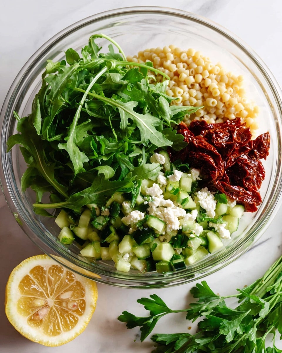 A clear glass bowl on a white marbled surface holds a fresh salad with five layers: at the bottom, small beige pasta; on top of the pasta to the right, chopped green cucumber pieces; at the left center, finely crumbled white cheese; above the cheese, dark red sun-dried tomato strips; finally, on top, a large leafy layer of bright green arugula. To the left of the bowl, there is a half lemon with visible seeds resting on the white marbled surface, with some sprigs of green parsley behind it. Photo taken with an iphone --ar 4:5 --v 7