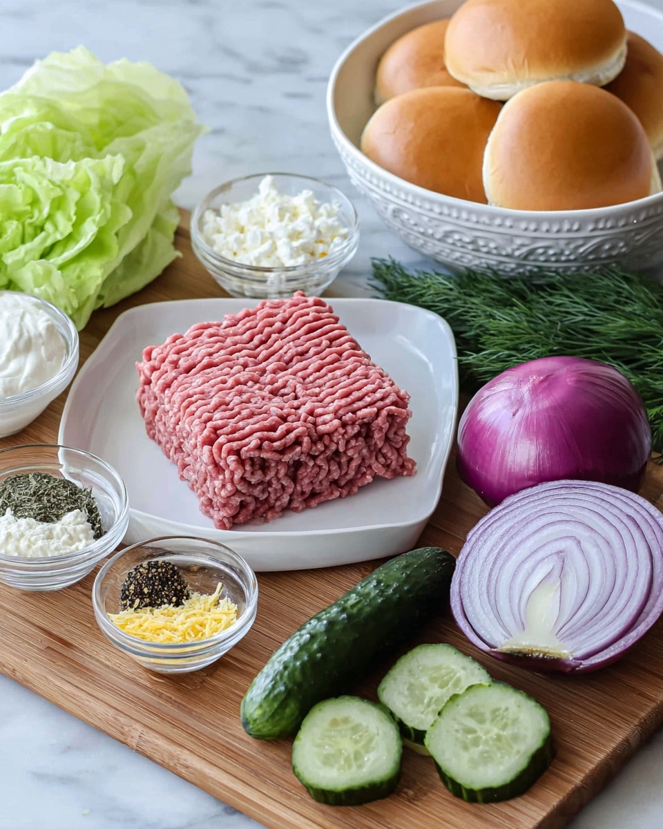 The image shows fresh ingredients arranged on a wooden board with a white marbled background. In the center, a white plate holds a square block of raw ground meat with a textured, tight pattern. Next to the meat, there is a halved red onion showing purplish rings. Two small cucumbers, one whole and one sliced, show a dark green color with a fresh shine. Near the front, three small white dishes hold minced yellow garlic, mixed dried herbs, and black pepper. On the left, two small clear glass bowls contain creamy white sauce and crumbled white cheese. Behind these, there are three golden brown round sandwich buns sitting on green lettuce leaves. A large white bowl with patterned edges is visible in the back. Photo taken with an iphone --ar 4:5 --v 7